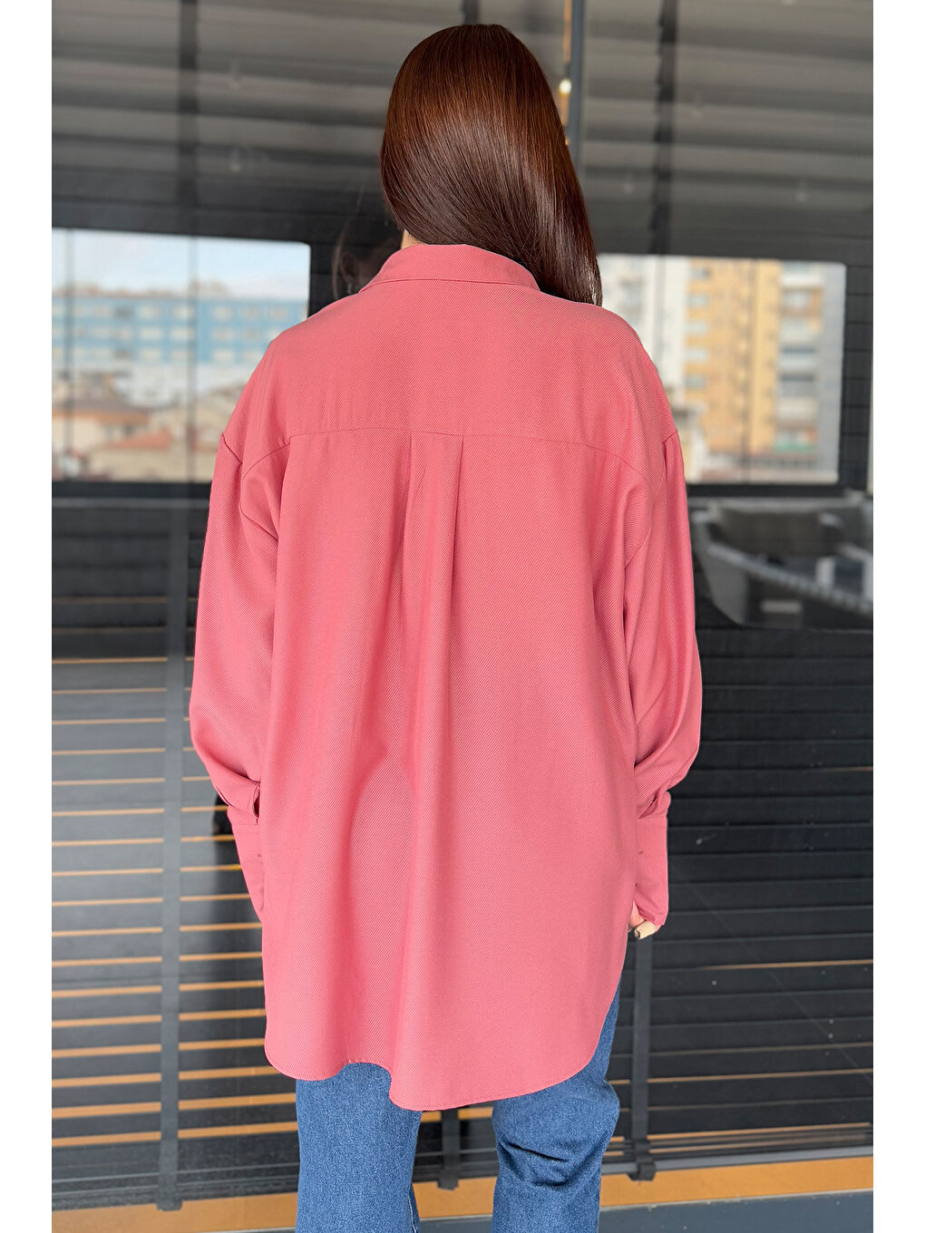 Pembe Kadın Tek Cepli Salaş Gömlek-4