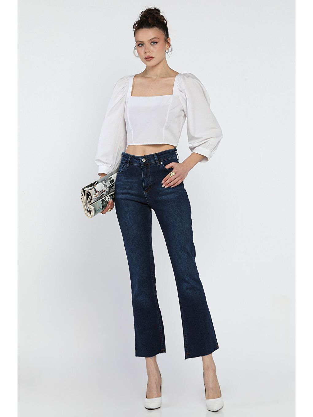 Lacivert Kesik Paça Yüksek Bel Kadın Jean Pantolon-1