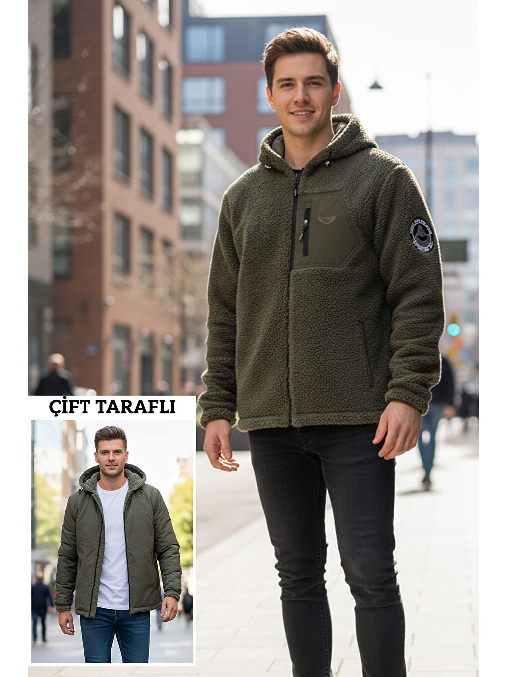 Erkek Çift Taraflı Pelüş Mont Ceket 25725 Haki