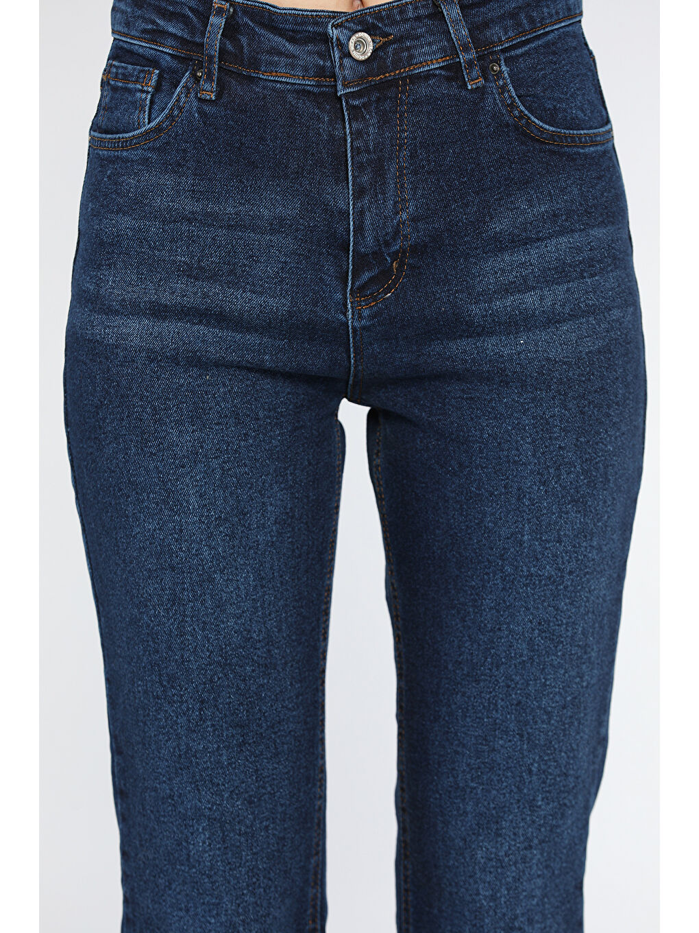 Lacivert Kesik Paça Yüksek Bel Kadın Jean Pantolon-3