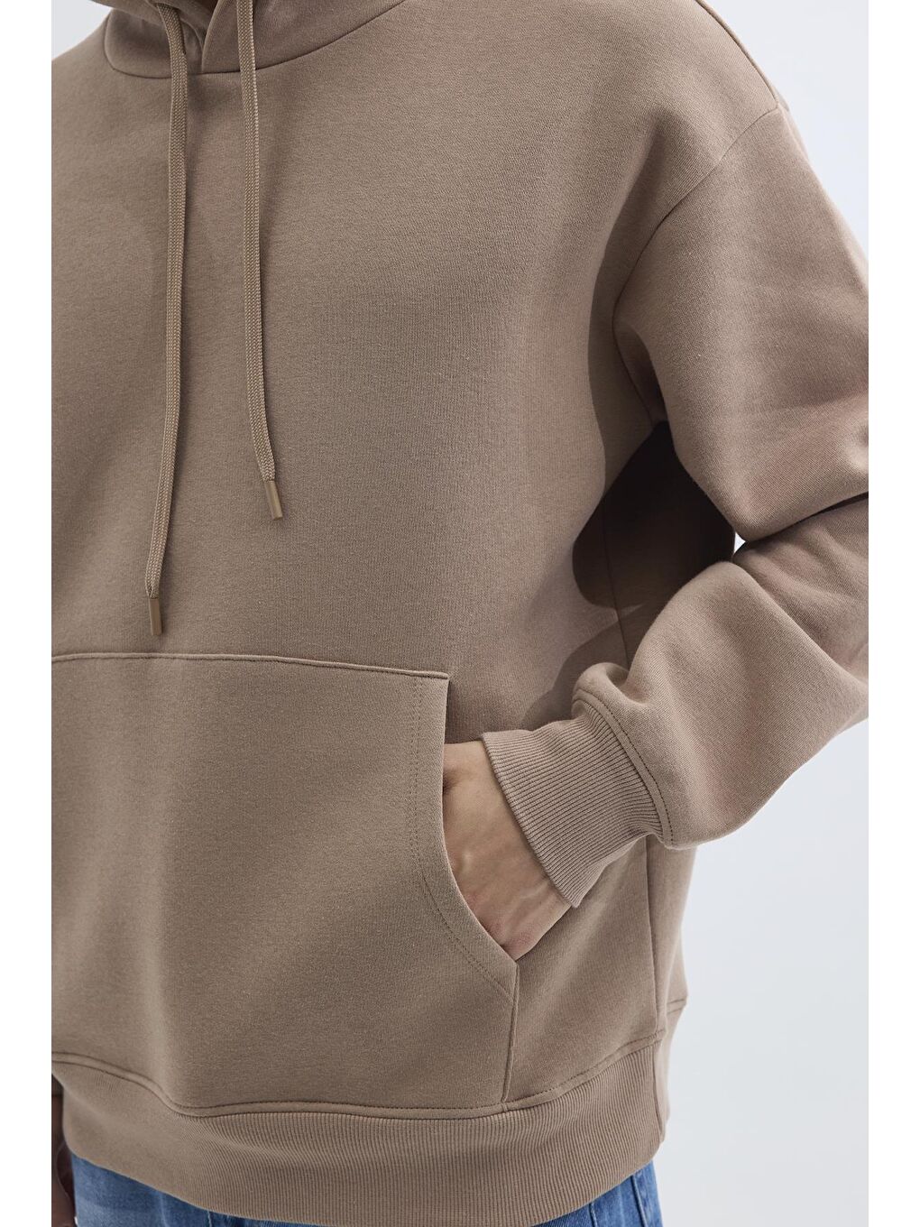 Bej Unisex Oversize Geniş Kesim Pamuklu Yumuşak Dokulu İçi Polarlı Basic Vizon Renk Kapüşonlu Sweatshirt-4