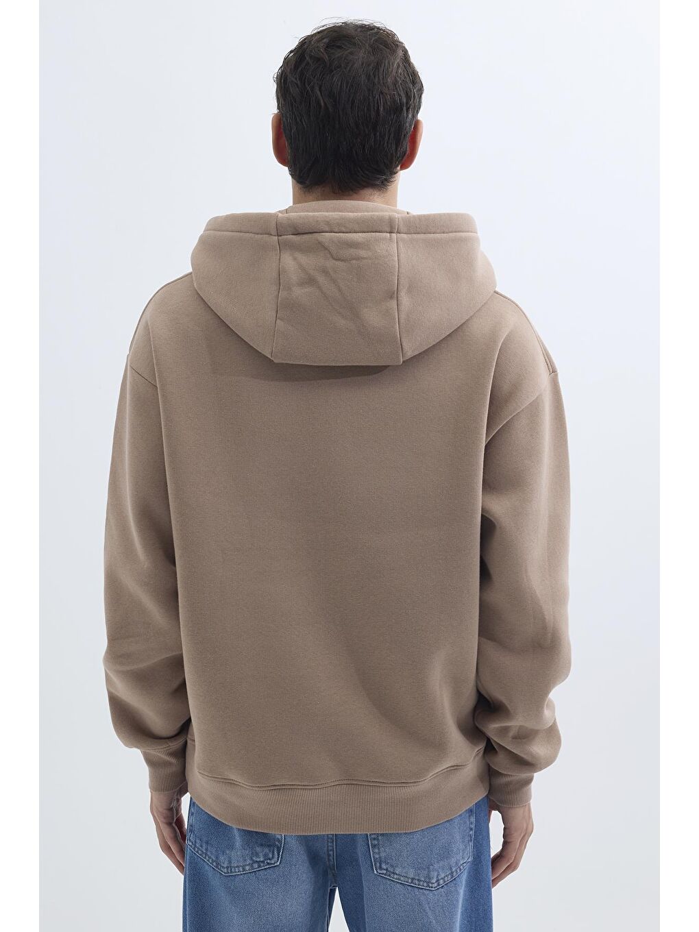 Bej Unisex Oversize Geniş Kesim Pamuklu Yumuşak Dokulu İçi Polarlı Basic Vizon Renk Kapüşonlu Sweatshirt-6