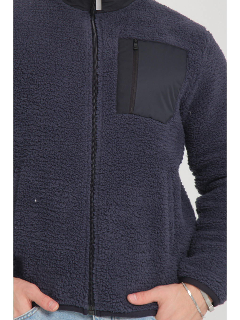 Lacivert Fermuarlı Dik Yaka Pelüş Sweatshirt-1