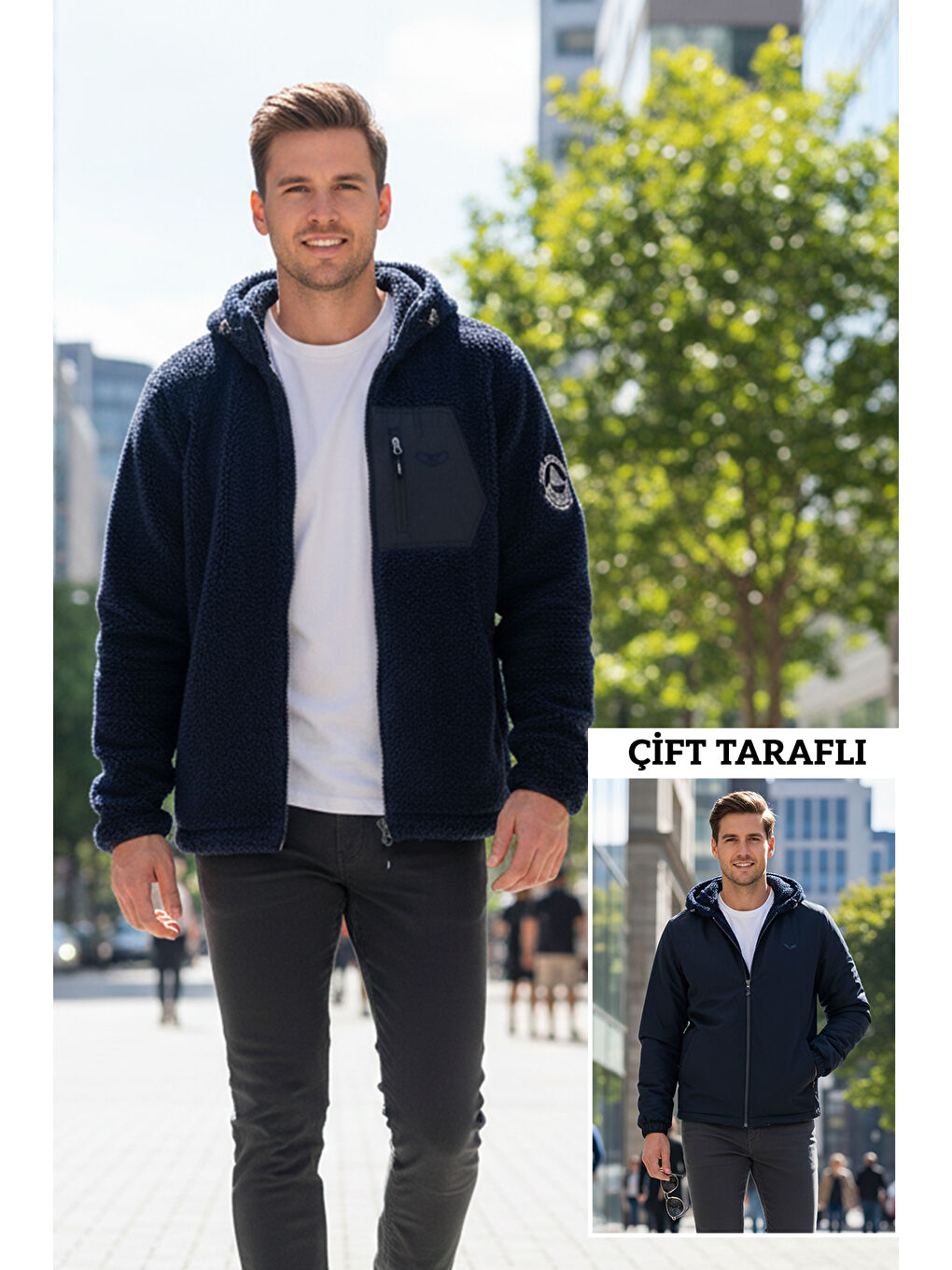 Erkek Çift Taraflı Kapüşonlu Pelüş Mont Ceket 25725 Koyu Lacivert