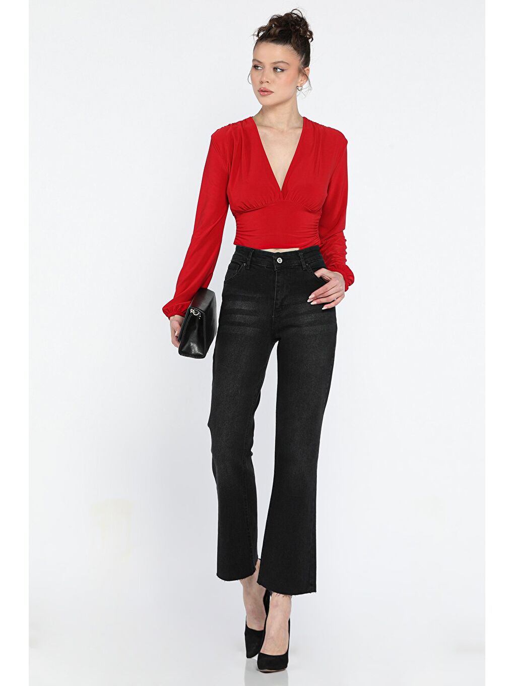 Siyah Kesik Paça Yüksek Bel Kadın Jean Pantolon-1