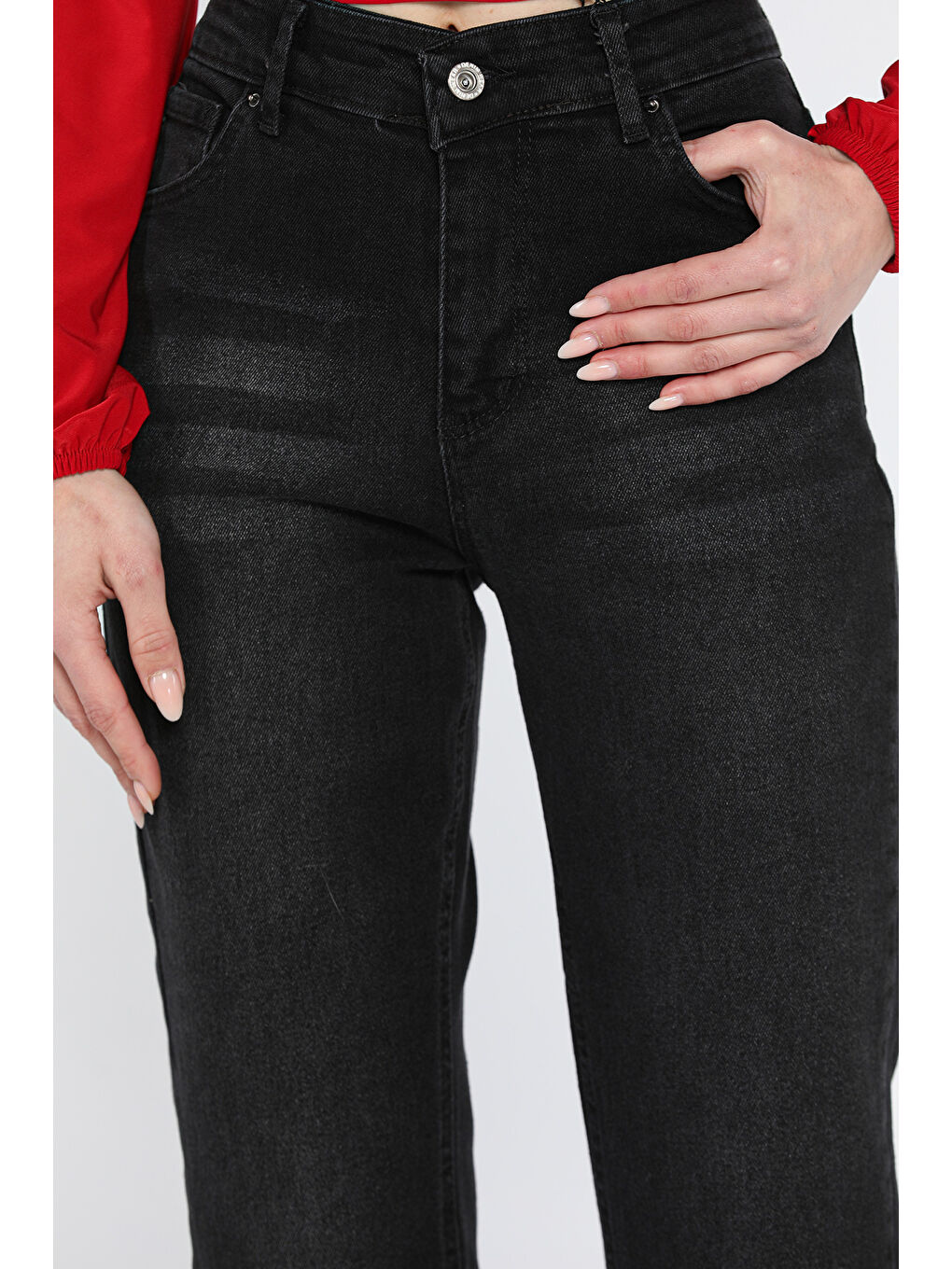 Siyah Kesik Paça Yüksek Bel Kadın Jean Pantolon-2