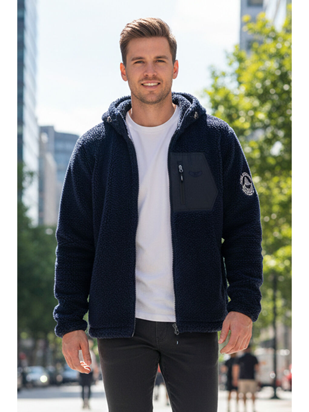 Erkek Çift Taraflı Kapüşonlu Pelüş Mont Ceket 25725 Koyu Lacivert-1