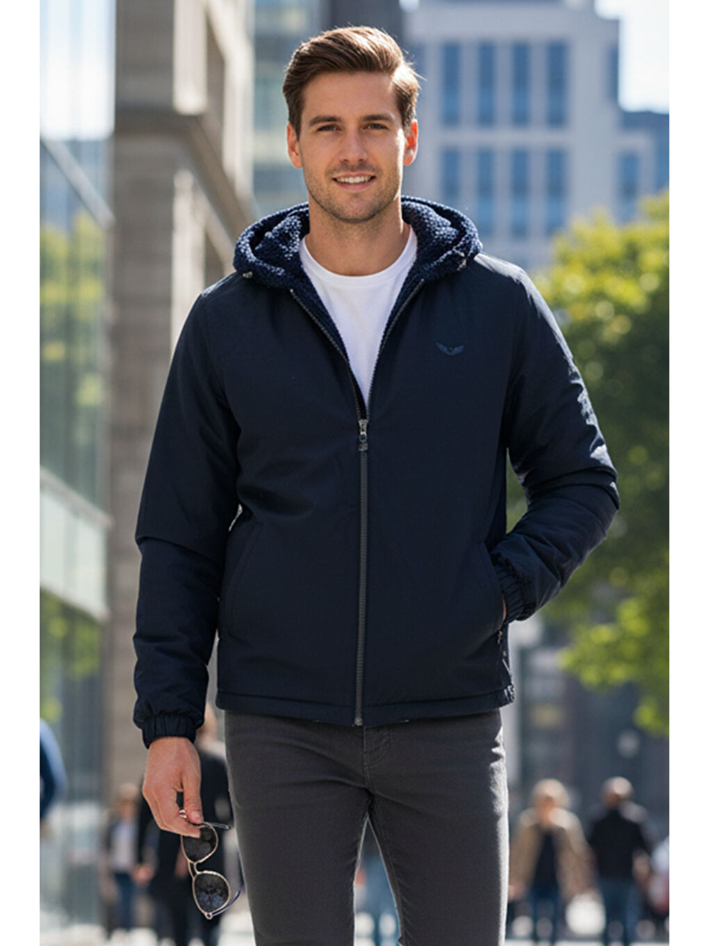 Erkek Çift Taraflı Kapüşonlu Pelüş Mont Ceket 25725 Koyu Lacivert-2