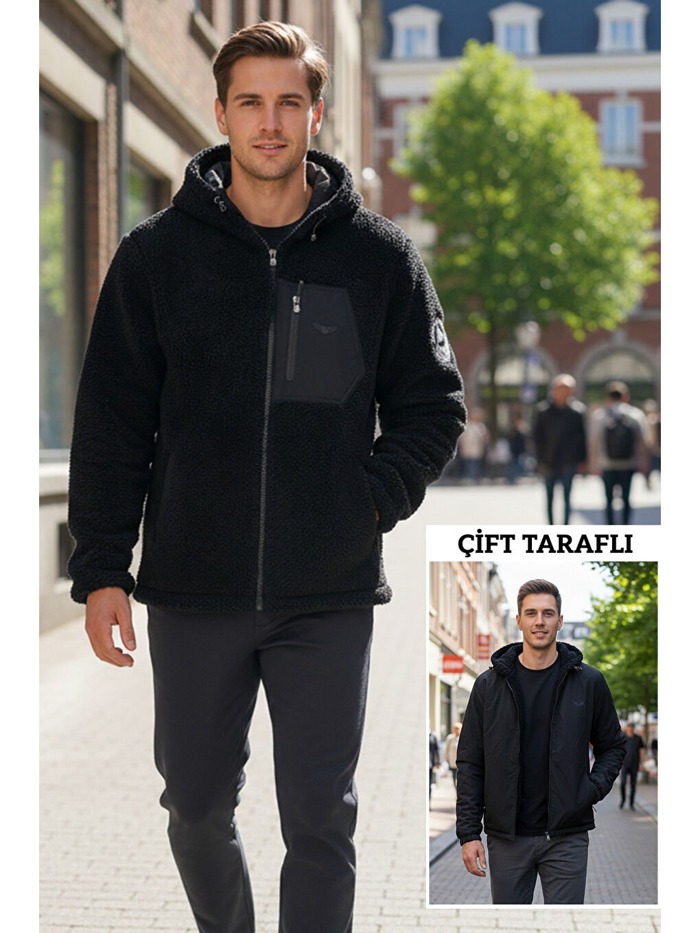 Erkek Çift Taraflı Kapüşonlu Pelüş Mont Ceket 25725 Siyah