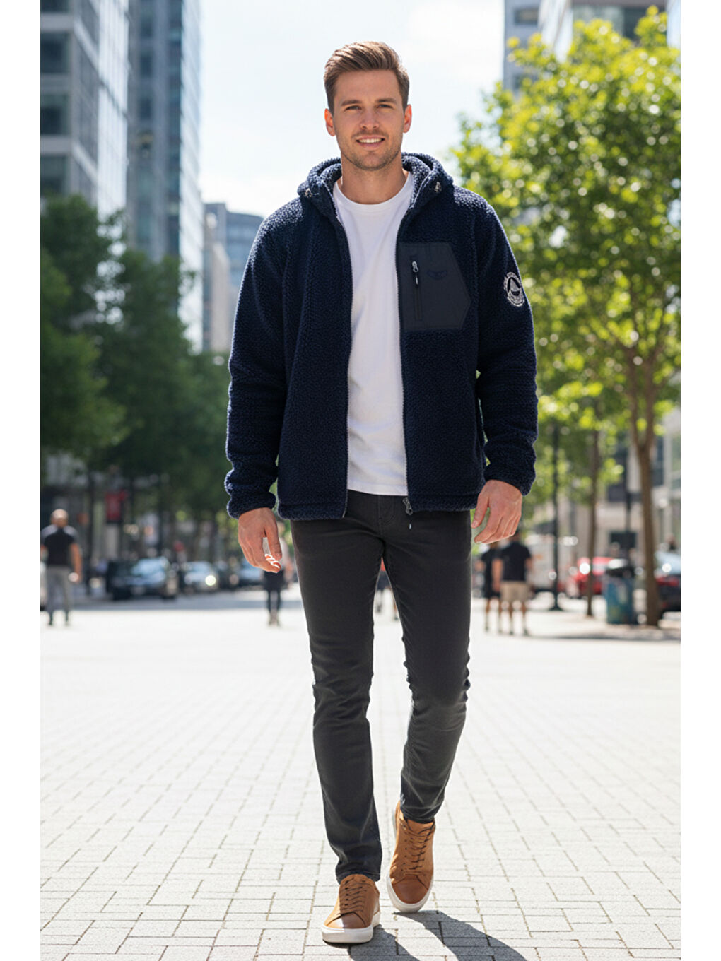 Erkek Çift Taraflı Kapüşonlu Pelüş Mont Ceket 25725 Koyu Lacivert-3