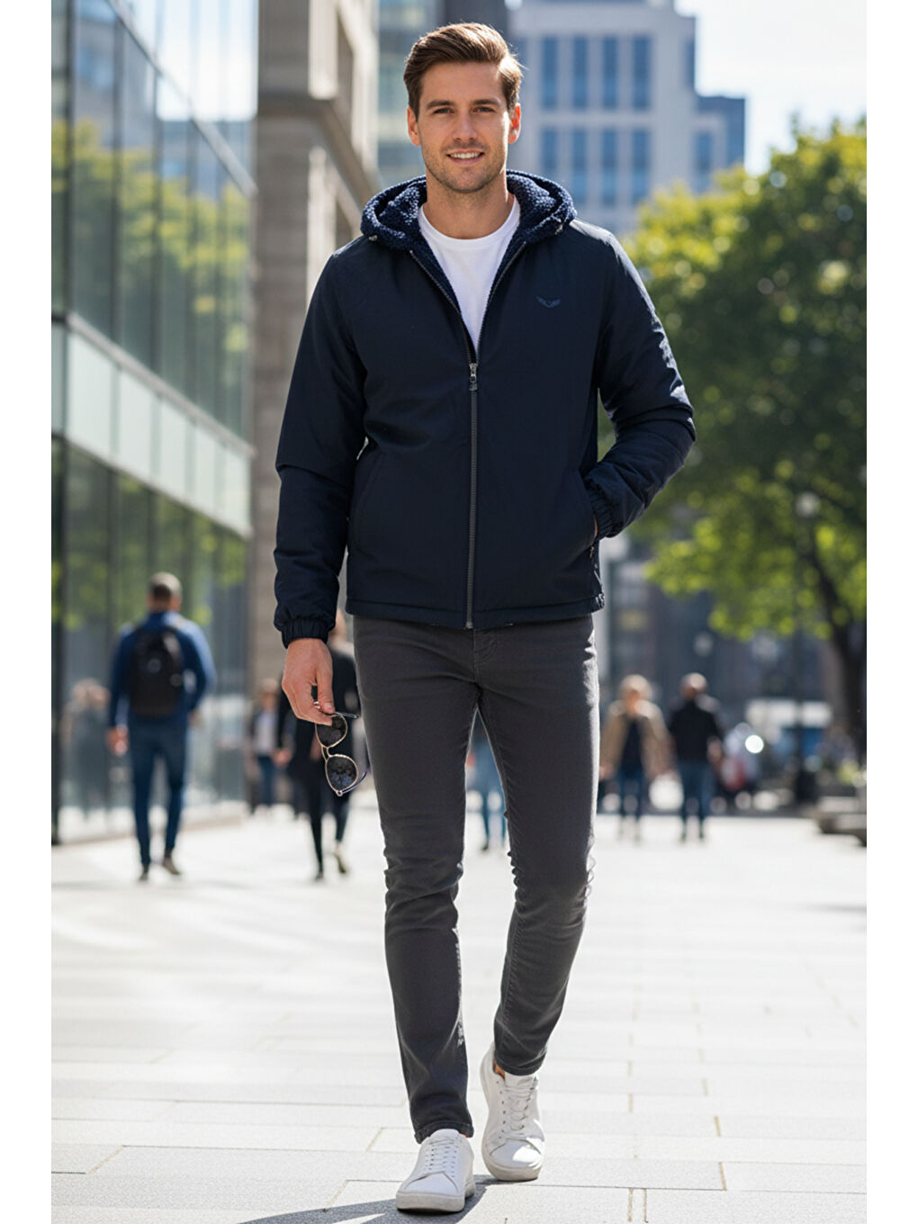 Erkek Çift Taraflı Kapüşonlu Pelüş Mont Ceket 25725 Koyu Lacivert-4