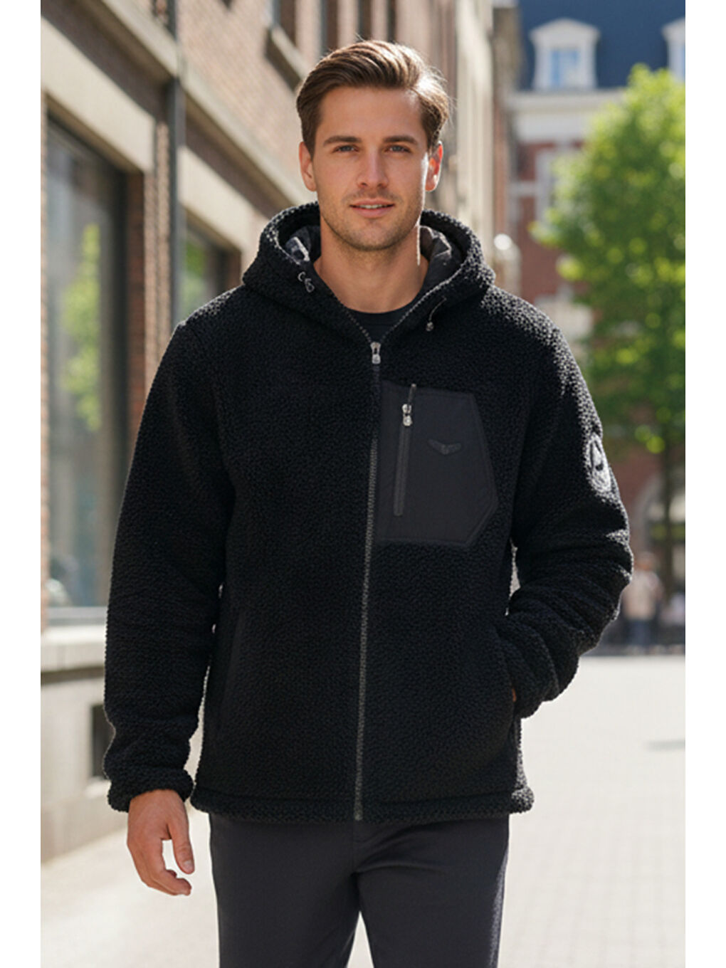 Erkek Çift Taraflı Kapüşonlu Pelüş Mont Ceket 25725 Siyah-1