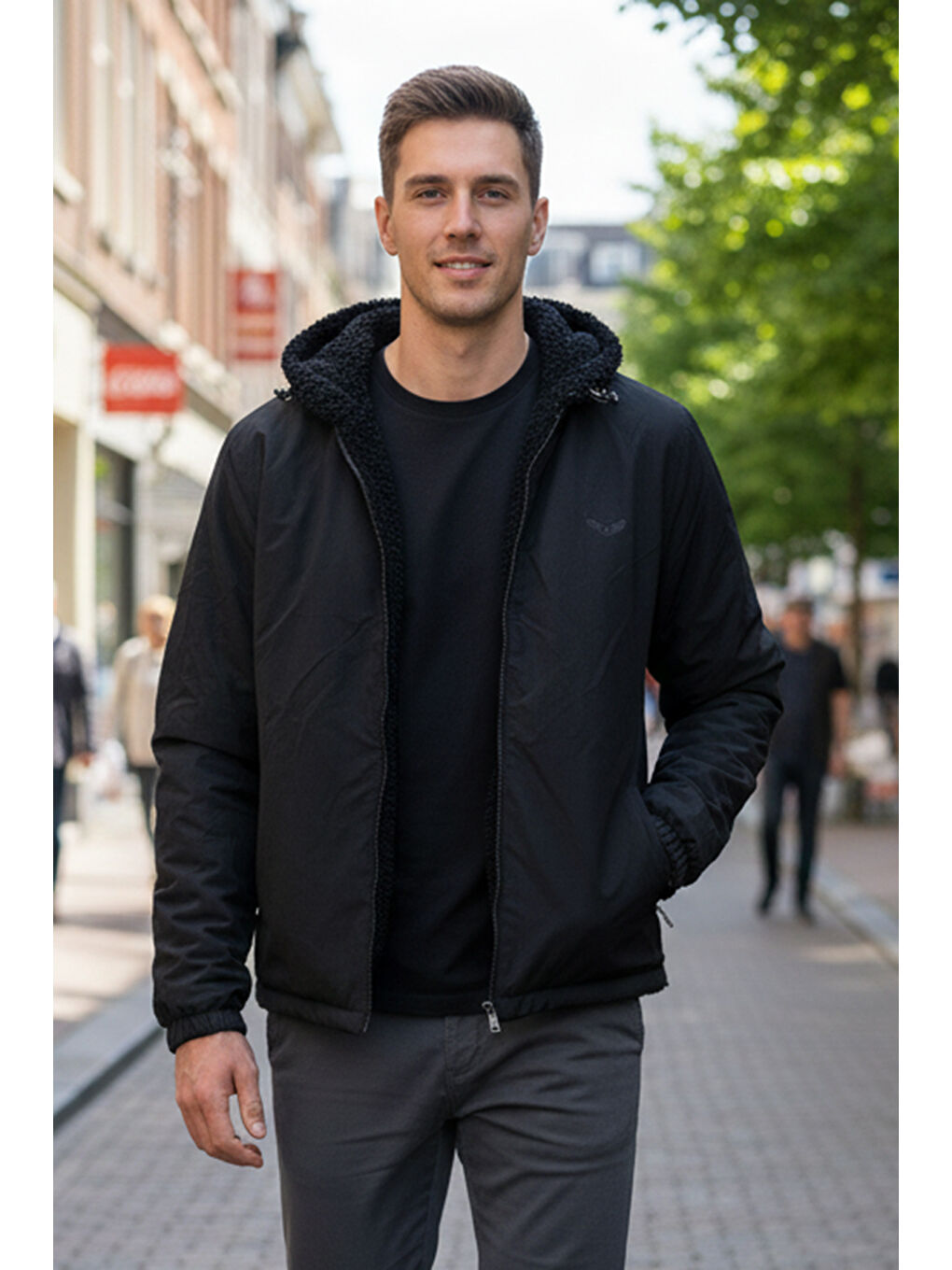 Erkek Çift Taraflı Kapüşonlu Pelüş Mont Ceket 25725 Siyah-2