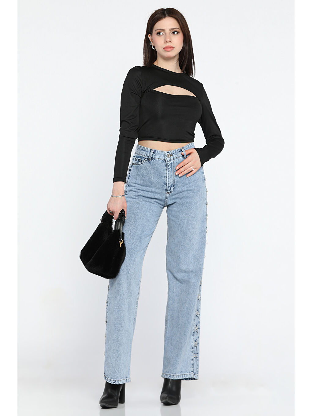 Mavi Taş Detaylı Yüksek Bel Bol Paça Kadın Jean Pantolon-1