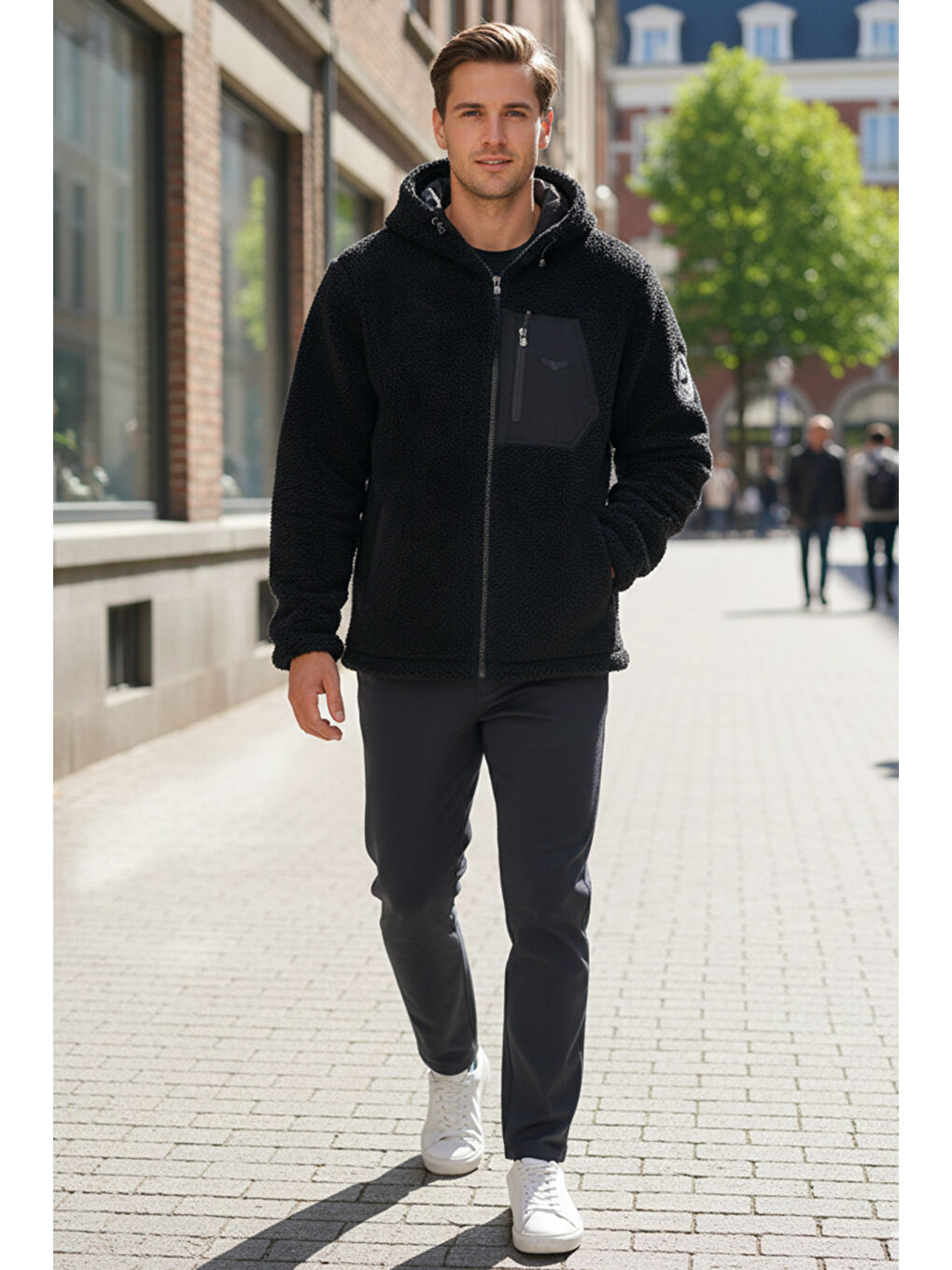 Erkek Çift Taraflı Kapüşonlu Pelüş Mont Ceket 25725 Siyah-3