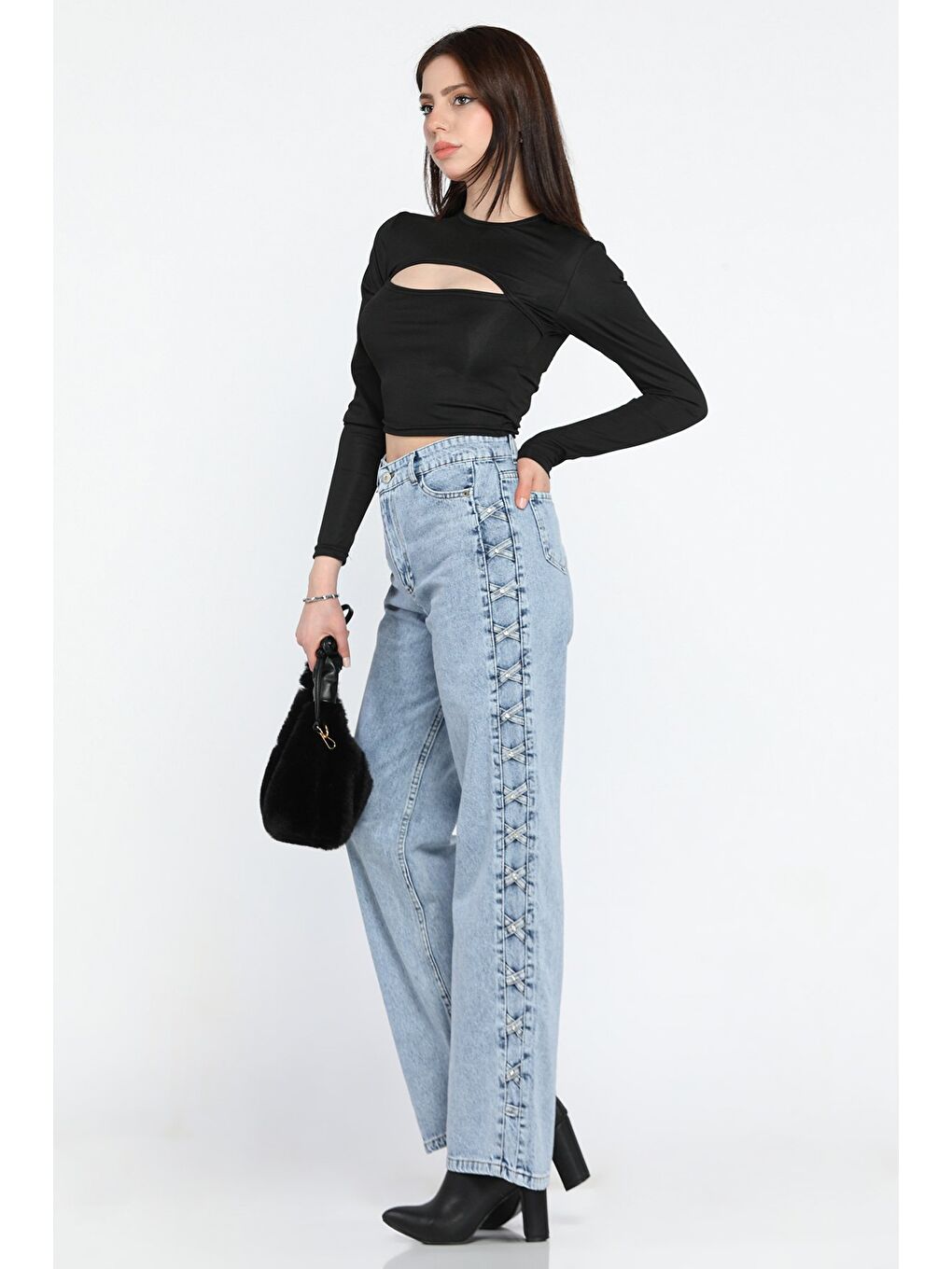 Mavi Taş Detaylı Yüksek Bel Bol Paça Kadın Jean Pantolon-2