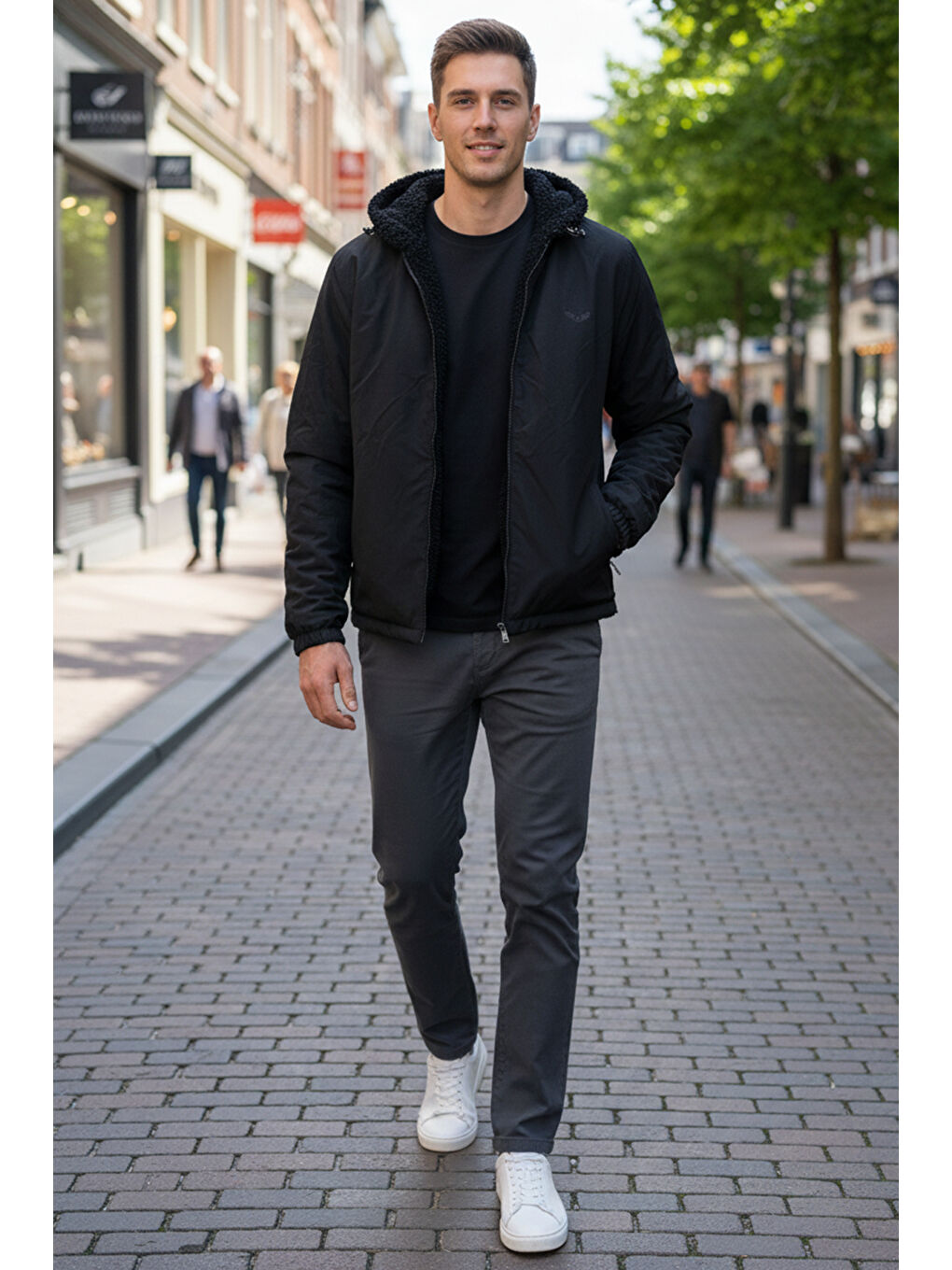 Erkek Çift Taraflı Kapüşonlu Pelüş Mont Ceket 25725 Siyah-4
