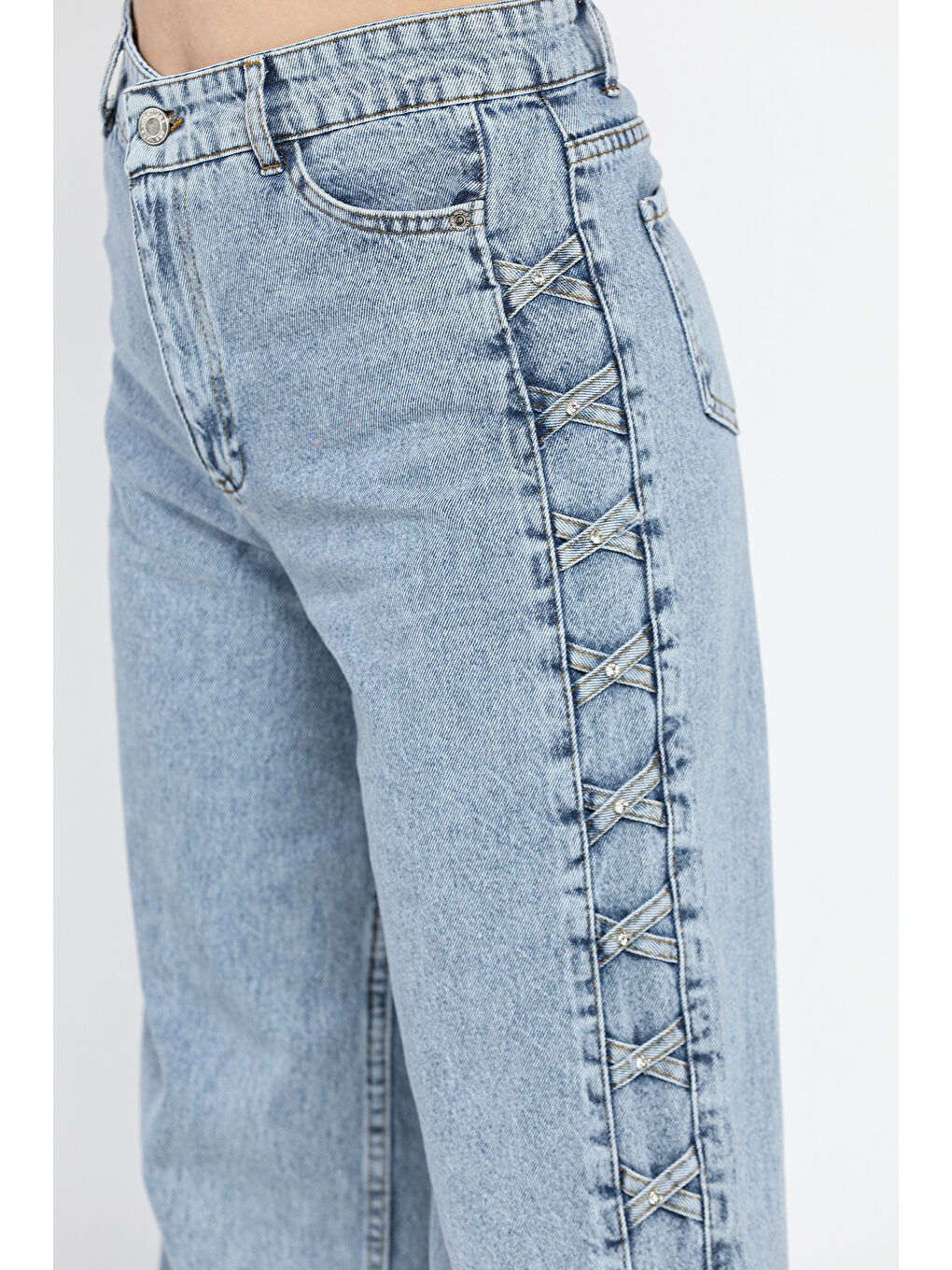 Mavi Taş Detaylı Yüksek Bel Bol Paça Kadın Jean Pantolon-3