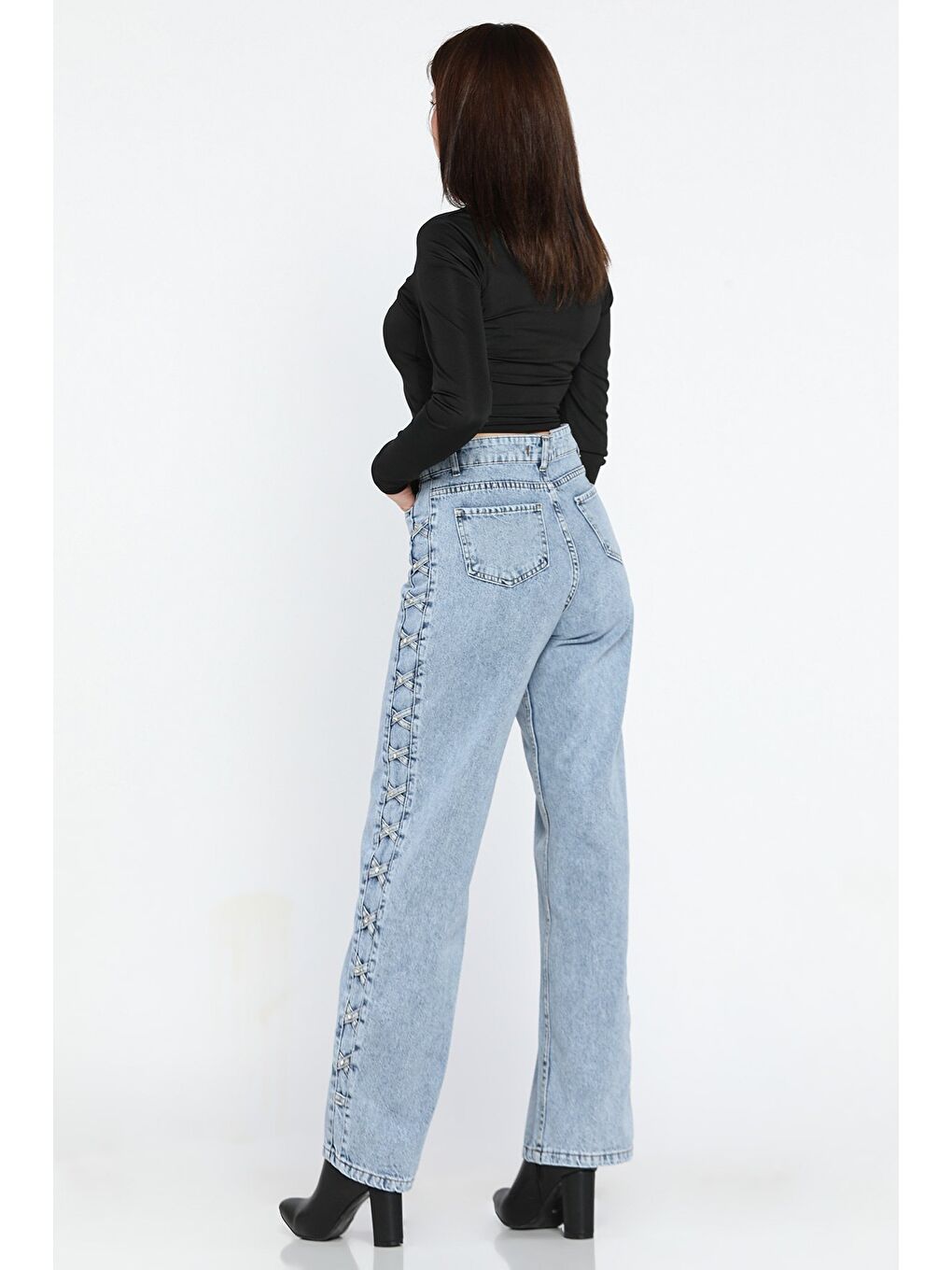 Mavi Taş Detaylı Yüksek Bel Bol Paça Kadın Jean Pantolon-4