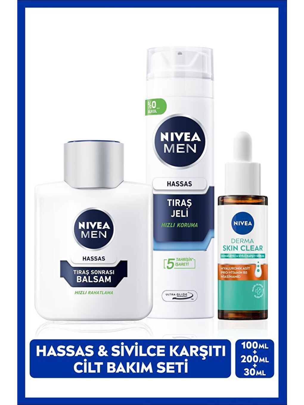 MEN Erkek Tıraş Sonrası Balsam 100ml,Derma Skin Clear Sivilce Karşıtı Serum 30ml ve Tıraş Jeli 200ml