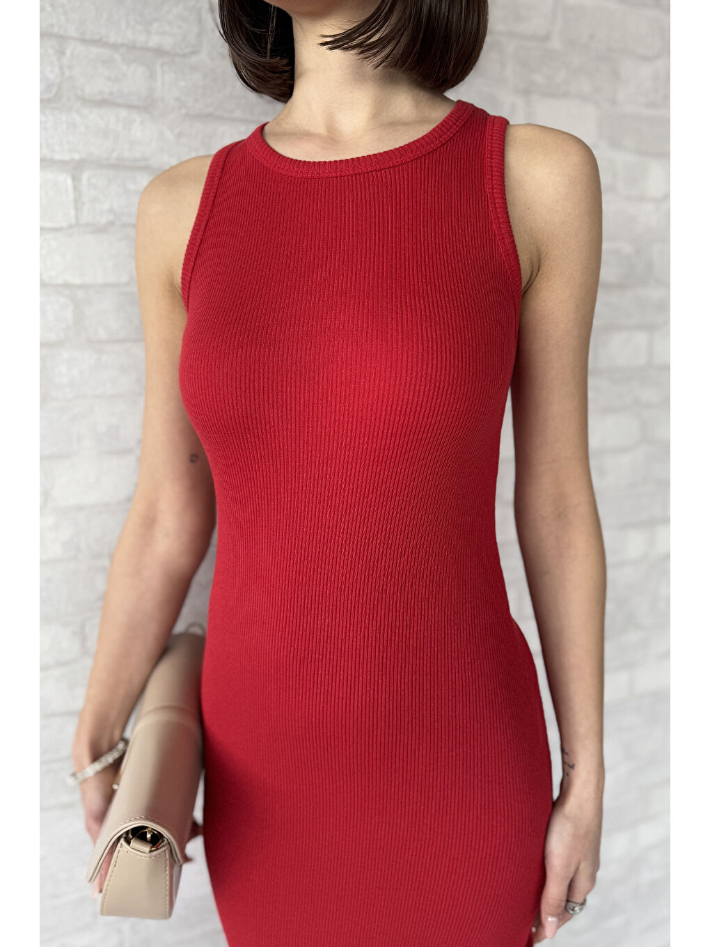 Kırmızı Kadın Bisiklet Yaka Kolsuz Yırtmaçlı Kaşkorse Elbise-3