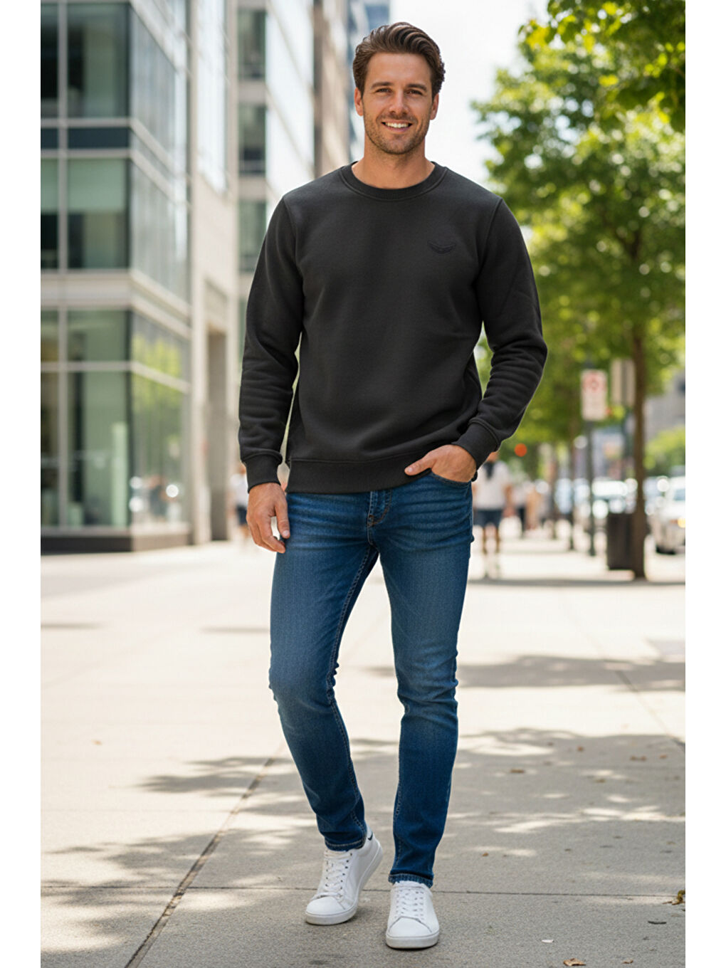 Erkek İçi Şardonlu Bisiklet Yaka Pamuklu Sweatshirt 0319 Siyah-3