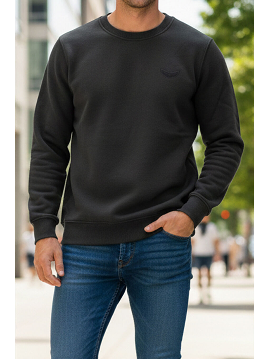 Erkek İçi Şardonlu Bisiklet Yaka Pamuklu Sweatshirt 0319 Siyah-4