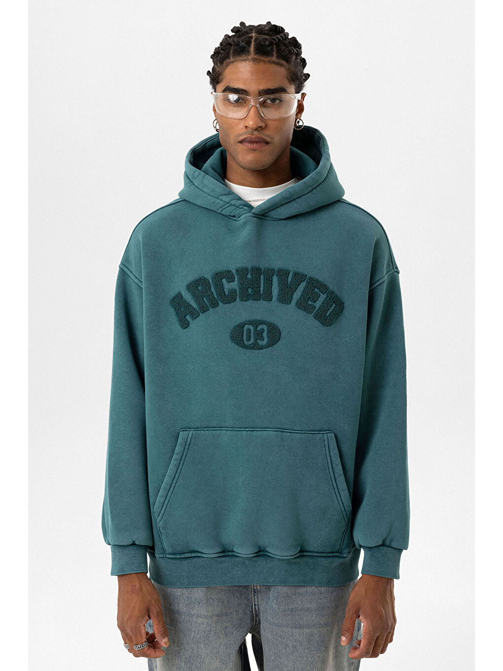 VAMOSCLO Petrol Yıkamalı Oversize Baskılı Erkek Hoodie - 1