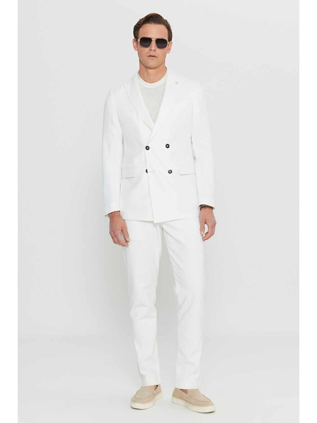 Erkek Ekru Slim Fit Dar Kesim Kırlangıç Yaka Kapak Cepli Blazer Ceket-1