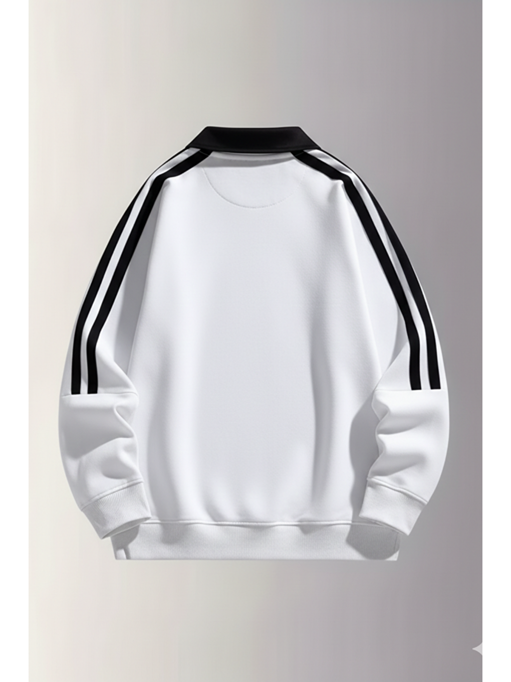 Erkek Beyaz Oversize Polo Yaka Sweatshirt Şerit Detaylı Uzun Kollu Spor Casual Basic-1