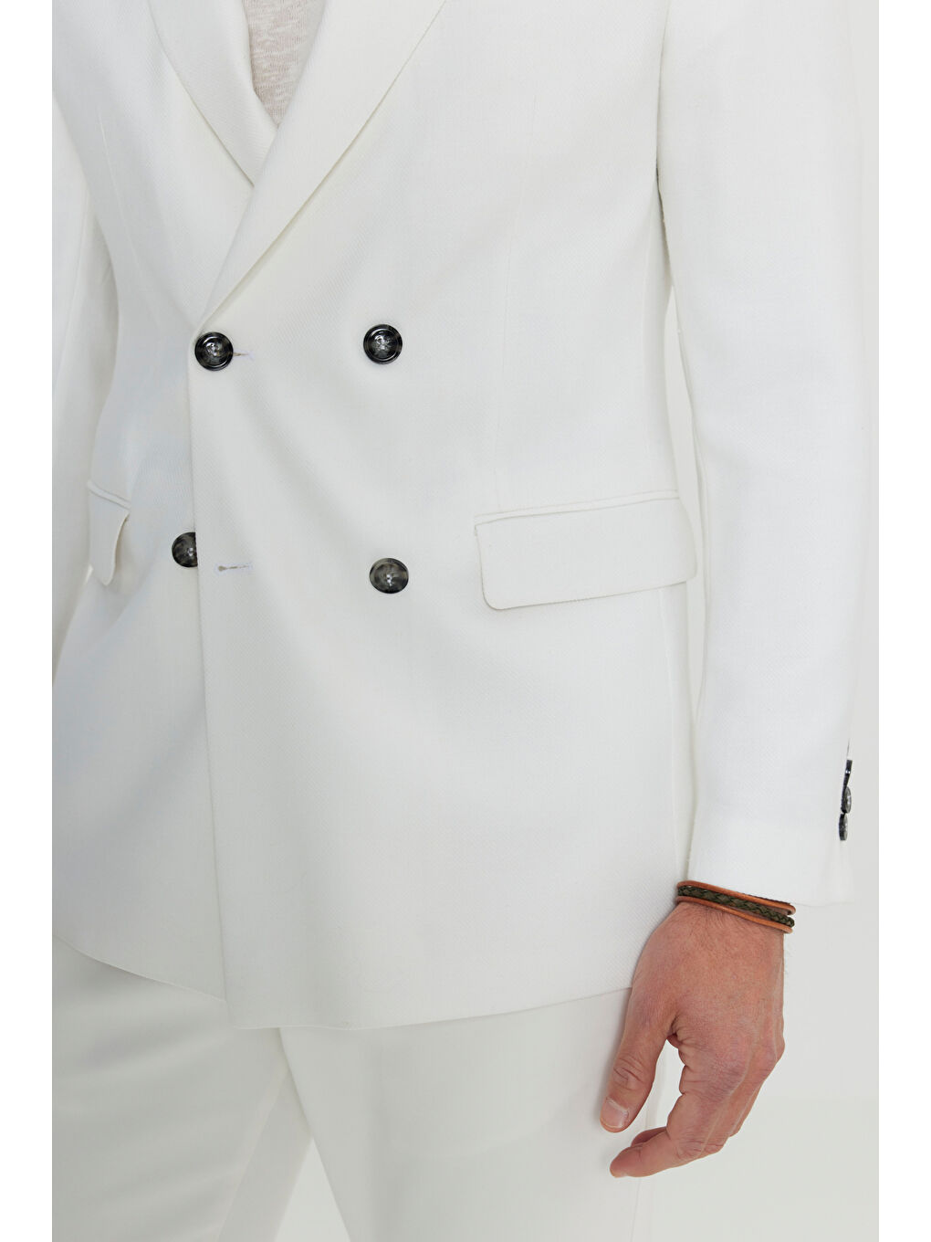 Erkek Ekru Slim Fit Dar Kesim Kırlangıç Yaka Kapak Cepli Blazer Ceket-5