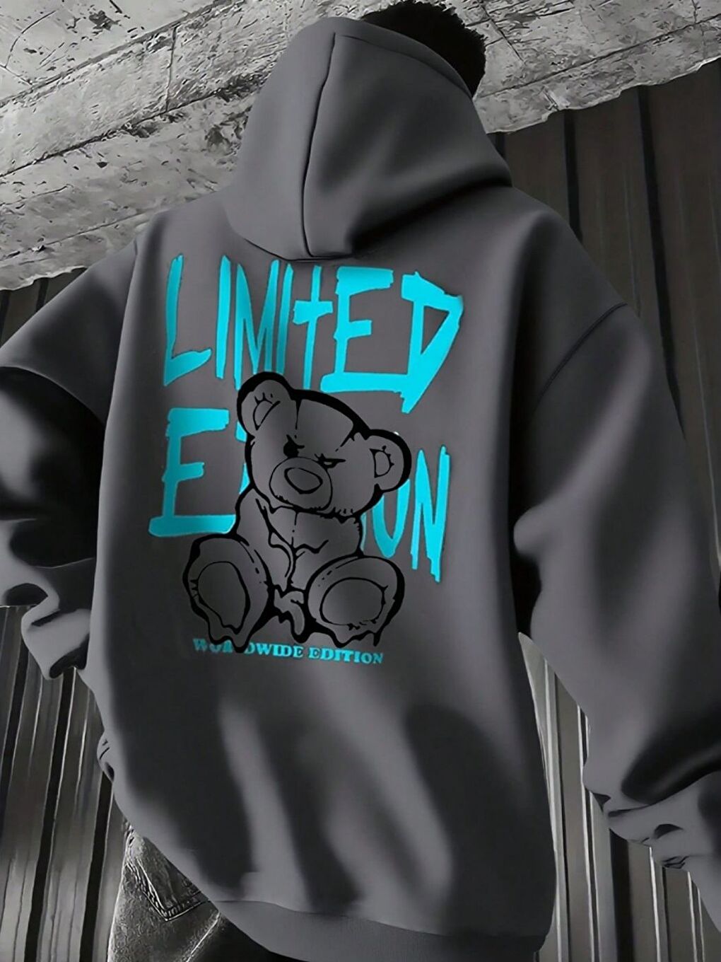 Gri Unisex Erkek Limited Bear Özel Baskı Pamuklu Oversize Kapüşonlu Sweatshirt Füme-1