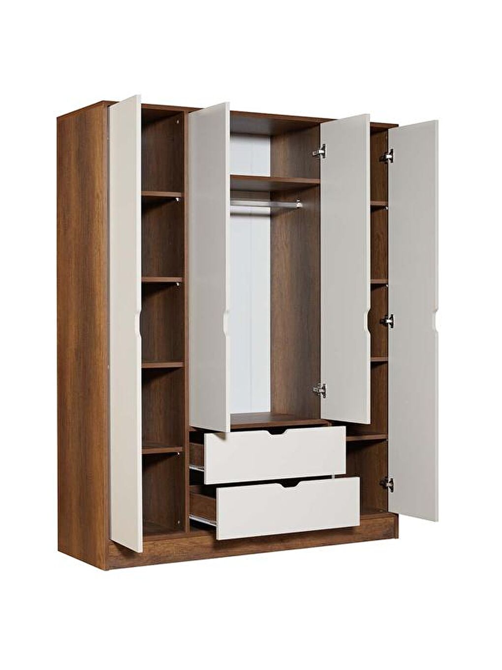 Kahverengi Mira 4 Kapak 2 Çekmeceli Gardırop - Barok Ceviz / Krem-2