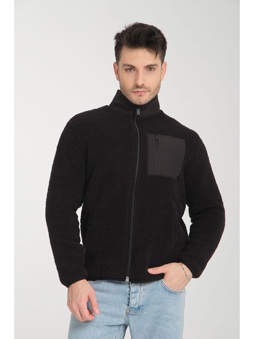 Siyah Fermuarlı Dik Yaka Pelüş Sweatshirt