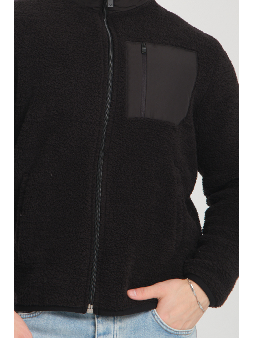 Siyah Fermuarlı Dik Yaka Pelüş Sweatshirt-1