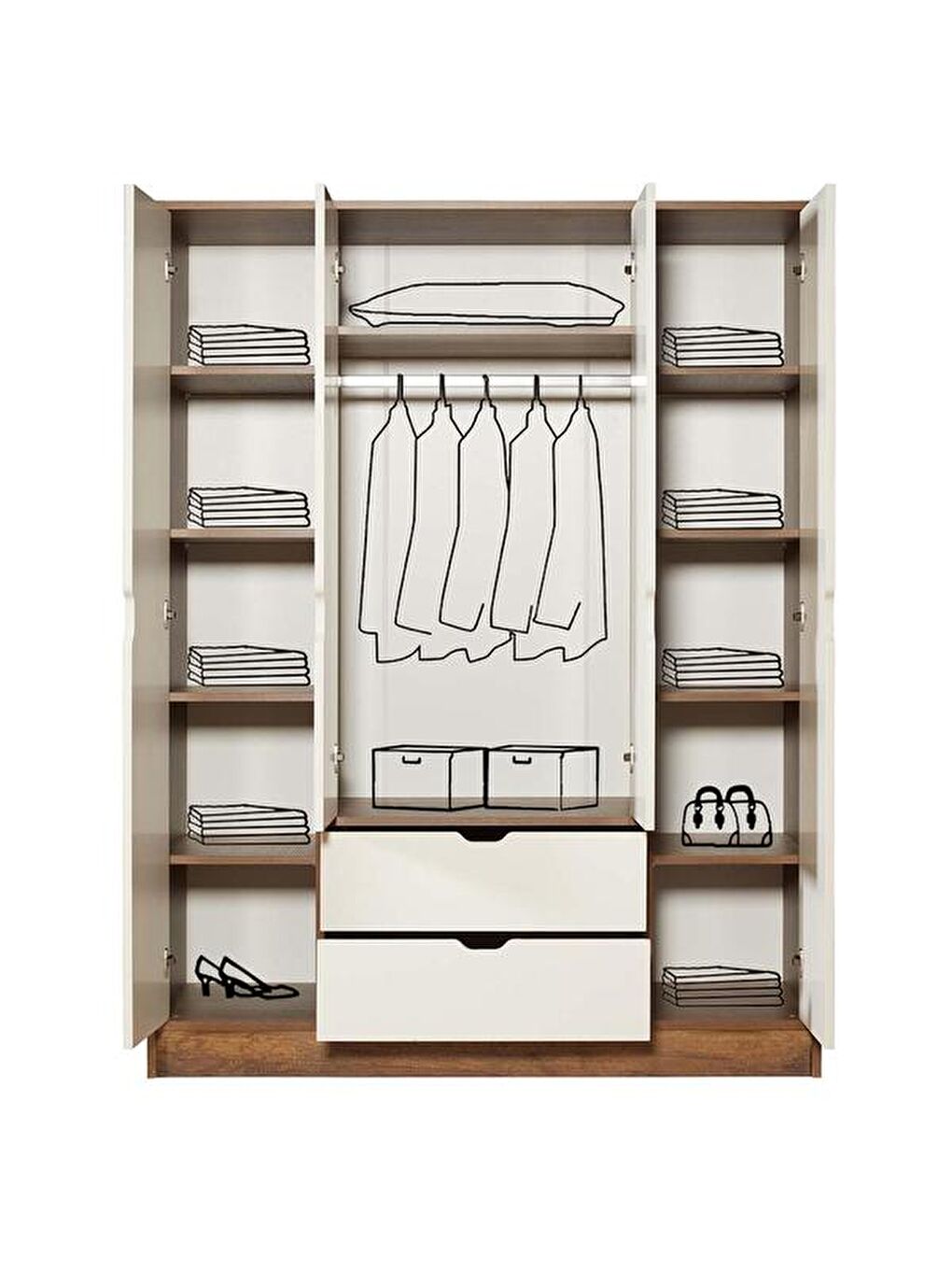 Kahverengi Mira 4 Kapak 2 Çekmeceli Gardırop - Barok Ceviz / Krem-6