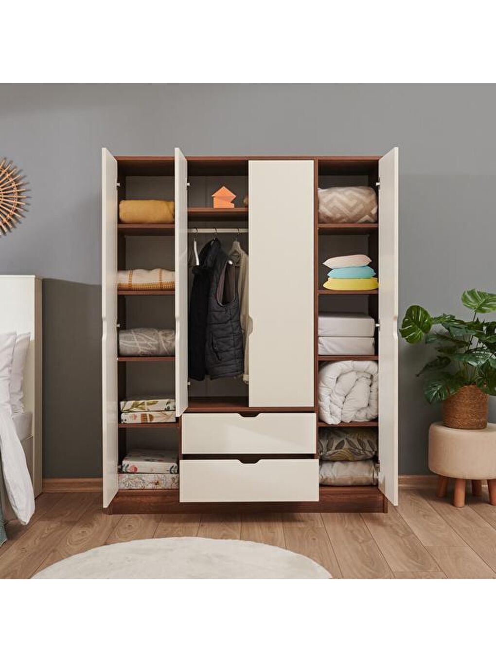 Kahverengi Mira 4 Kapak 2 Çekmeceli Gardırop - Barok Ceviz / Krem-7