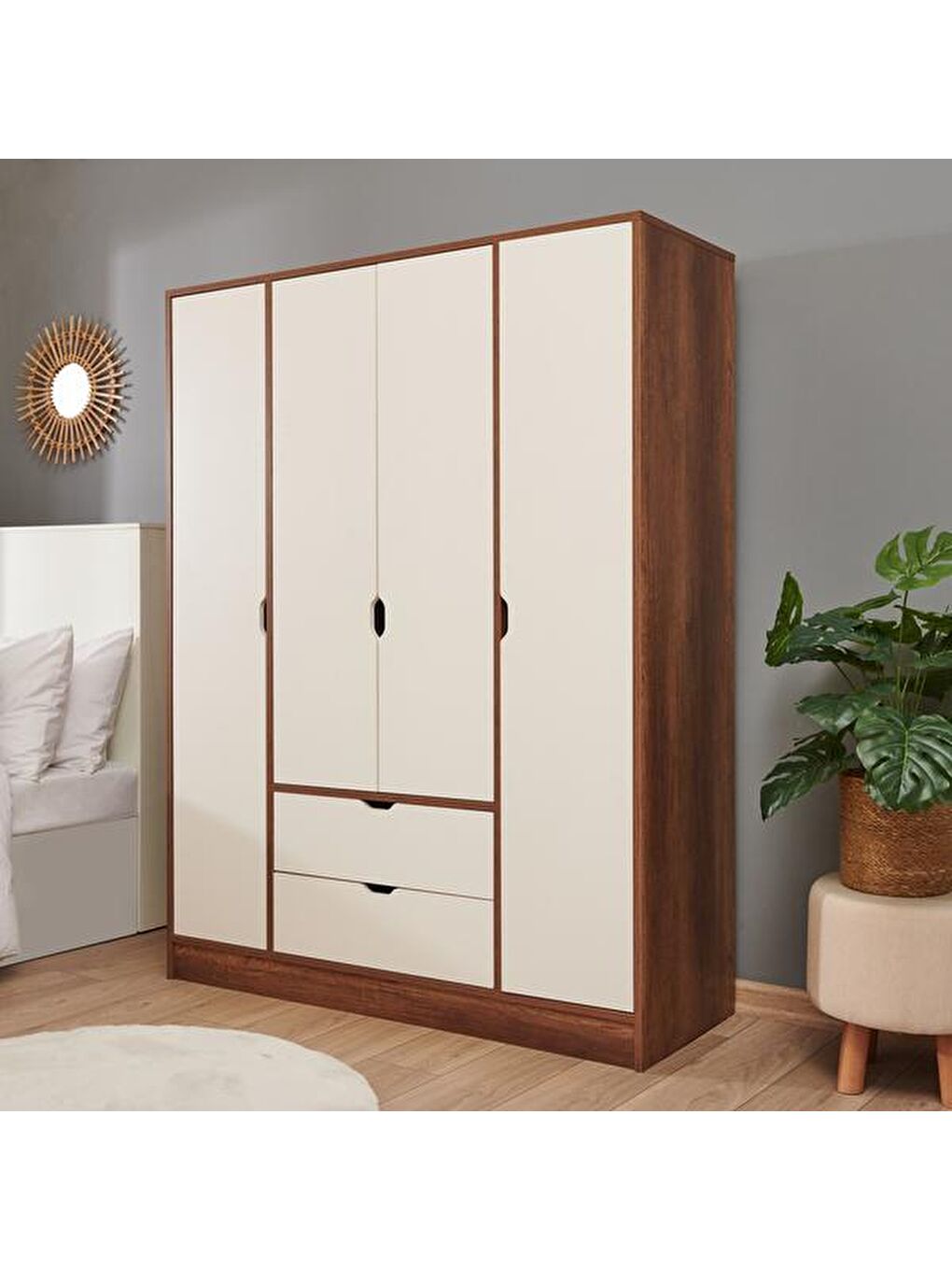 Kahverengi Mira 4 Kapak 2 Çekmeceli Gardırop - Barok Ceviz / Krem-8