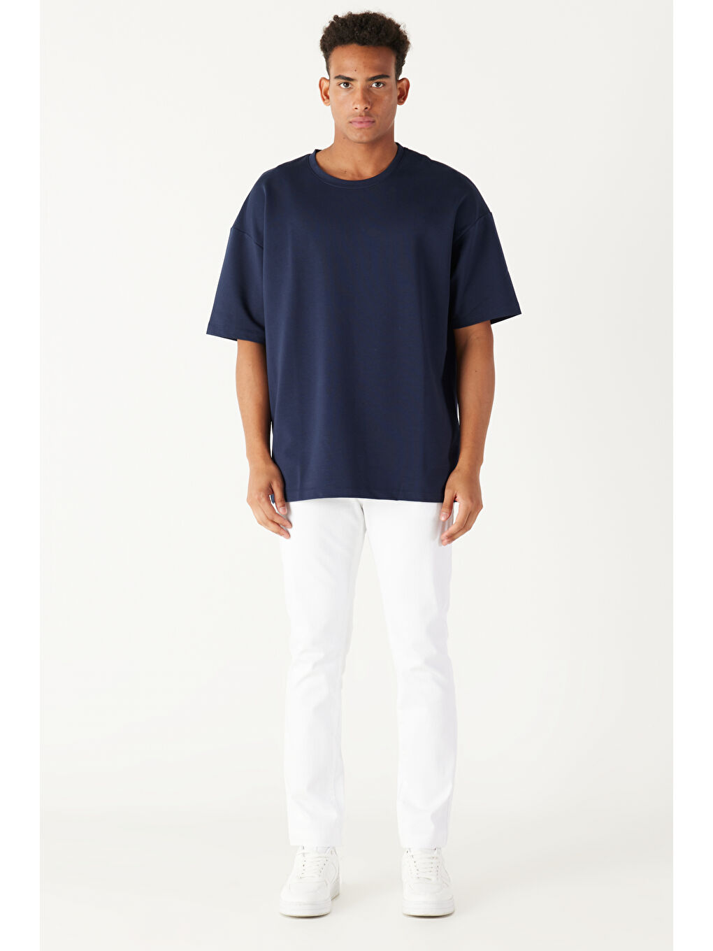 Erkek Lacivert  Fit Geniş Kesim Bisiklet Yaka Kısa Kollu Sweatshirt-2