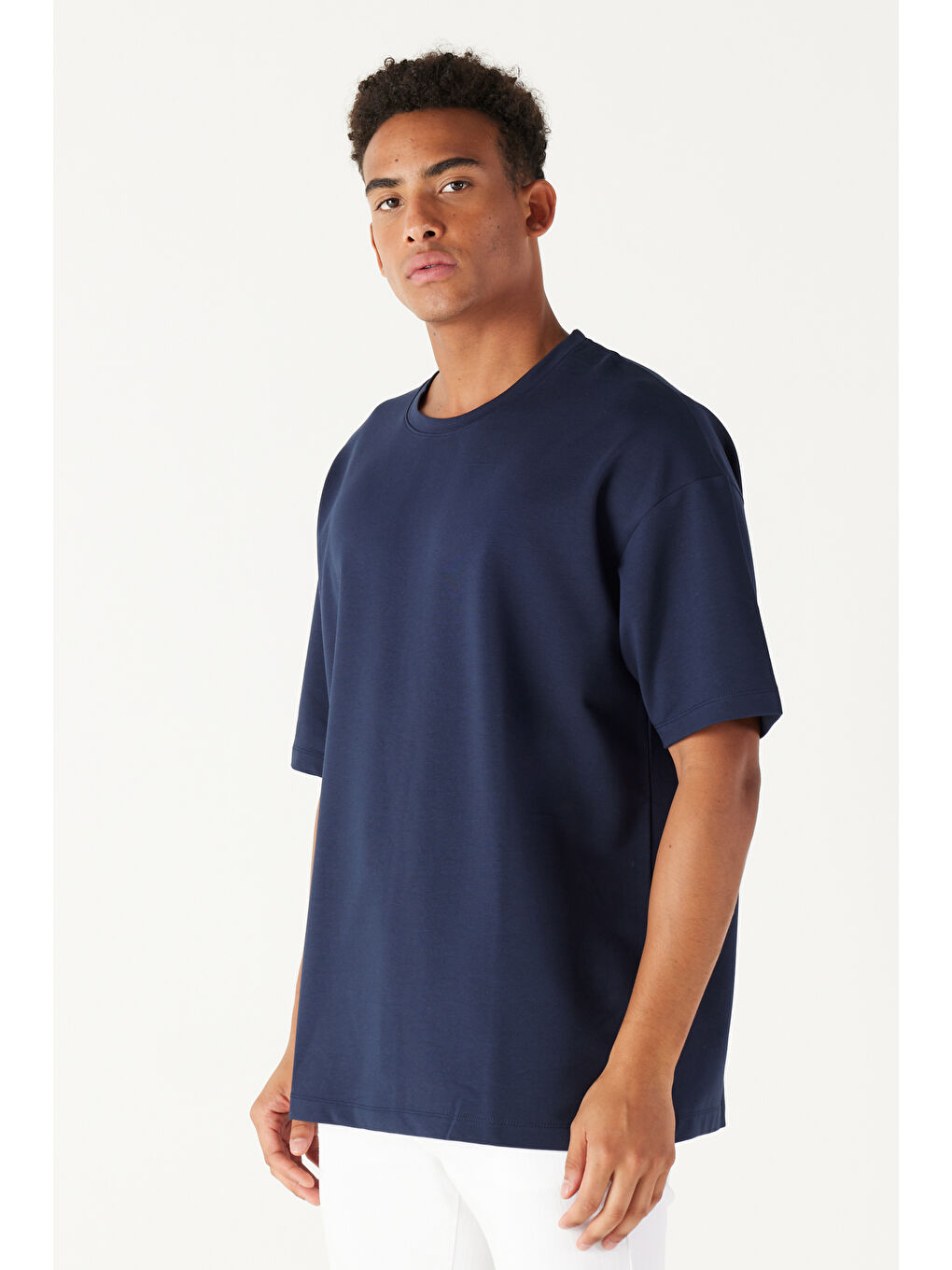 Erkek Lacivert  Fit Geniş Kesim Bisiklet Yaka Kısa Kollu Sweatshirt-3