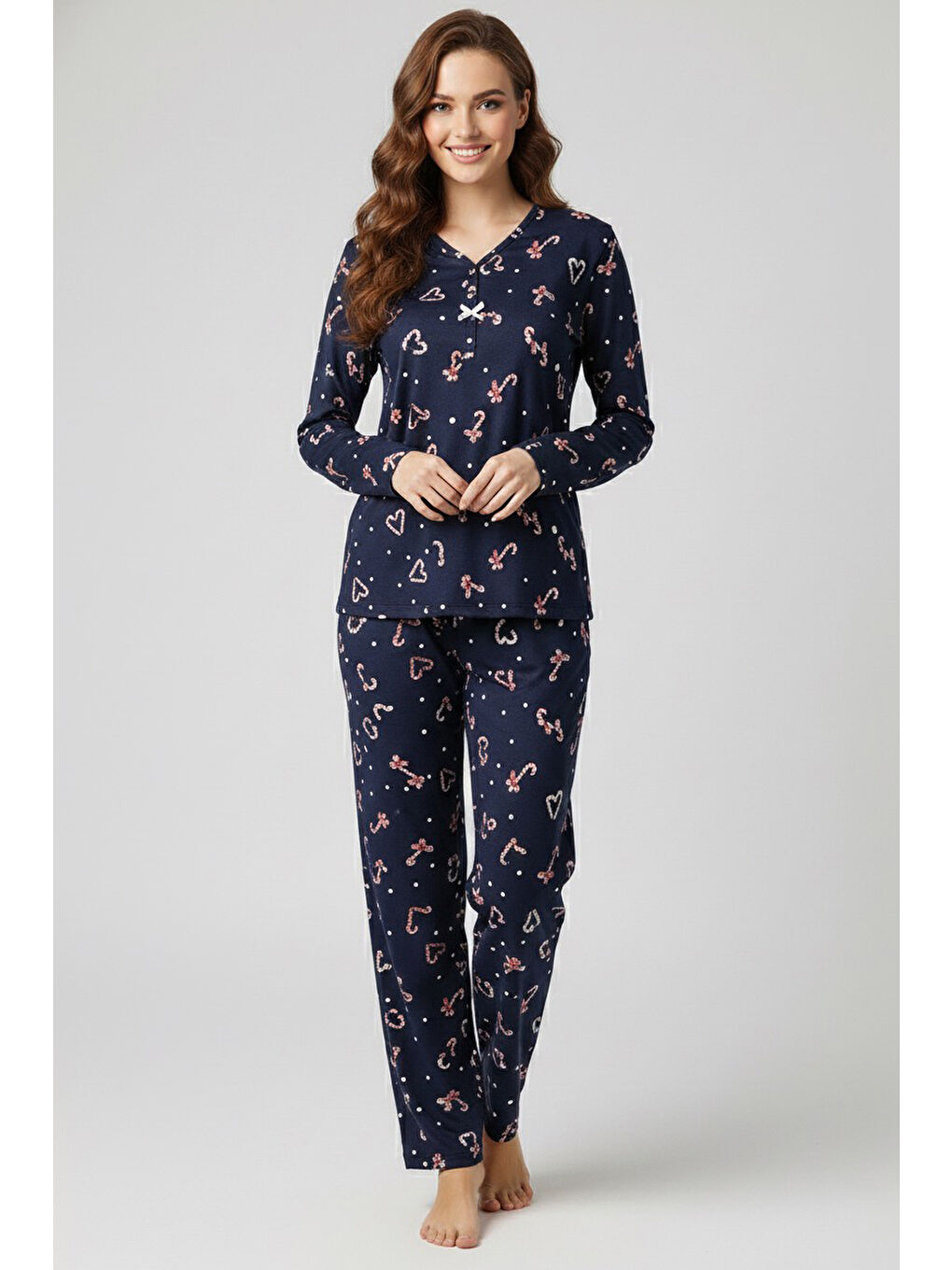 Desenli Süet Pijama Takımı Lacivert - 28053-LACIVERT