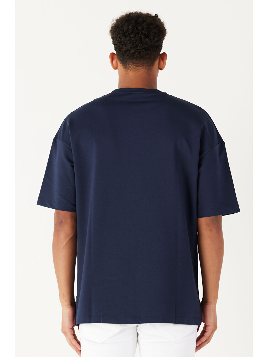 Erkek Lacivert  Fit Geniş Kesim Bisiklet Yaka Kısa Kollu Sweatshirt-4