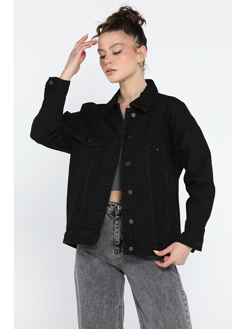 Gülseli Siyah Kadın Oversize Jean Jean Ceket - 2