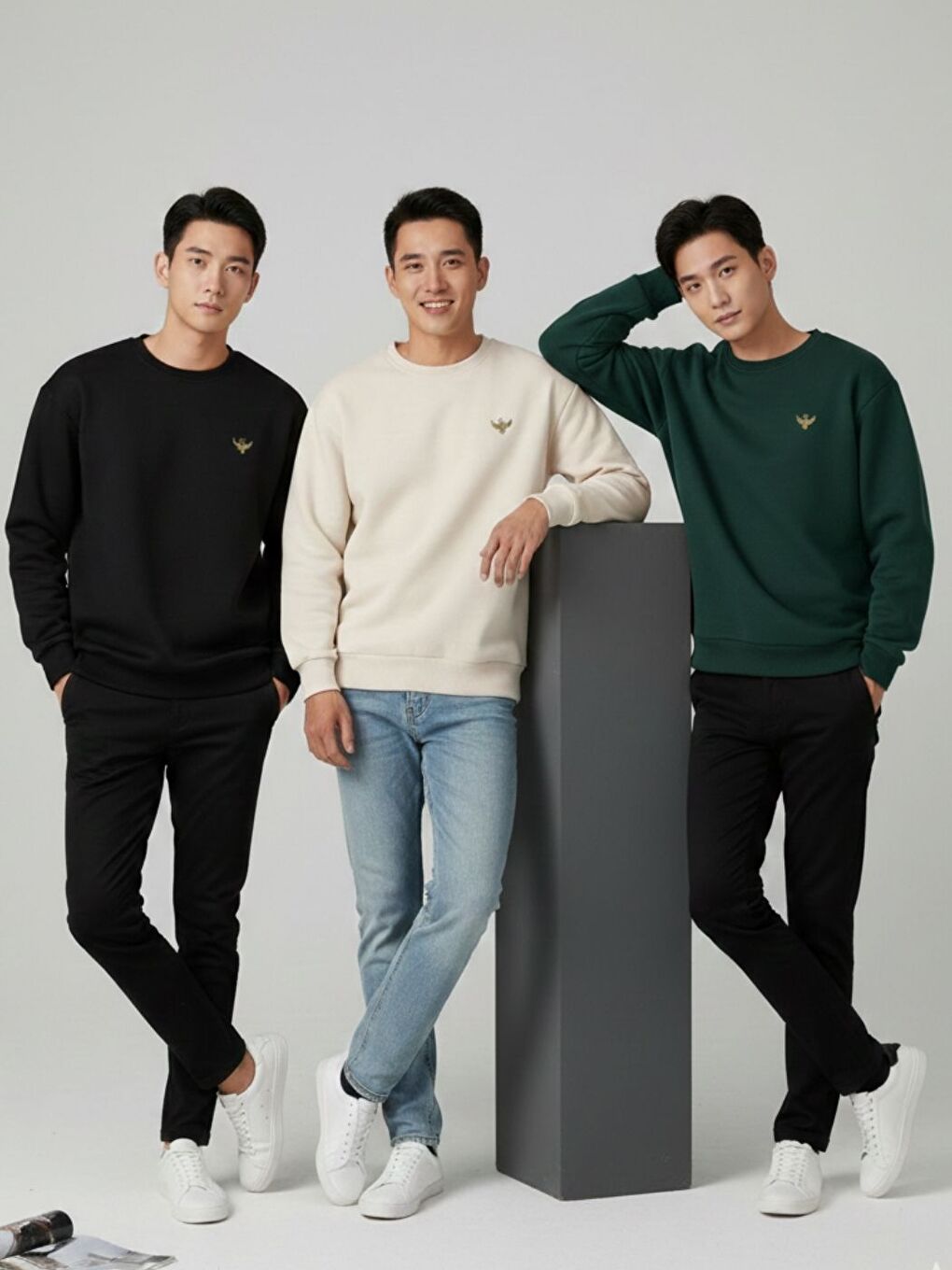 Karışık 3Lü Siyah Bej Nefti Golden Wing Baskılı Oversize Bisiklet Yaka Uzun Kollu Sweatshirt