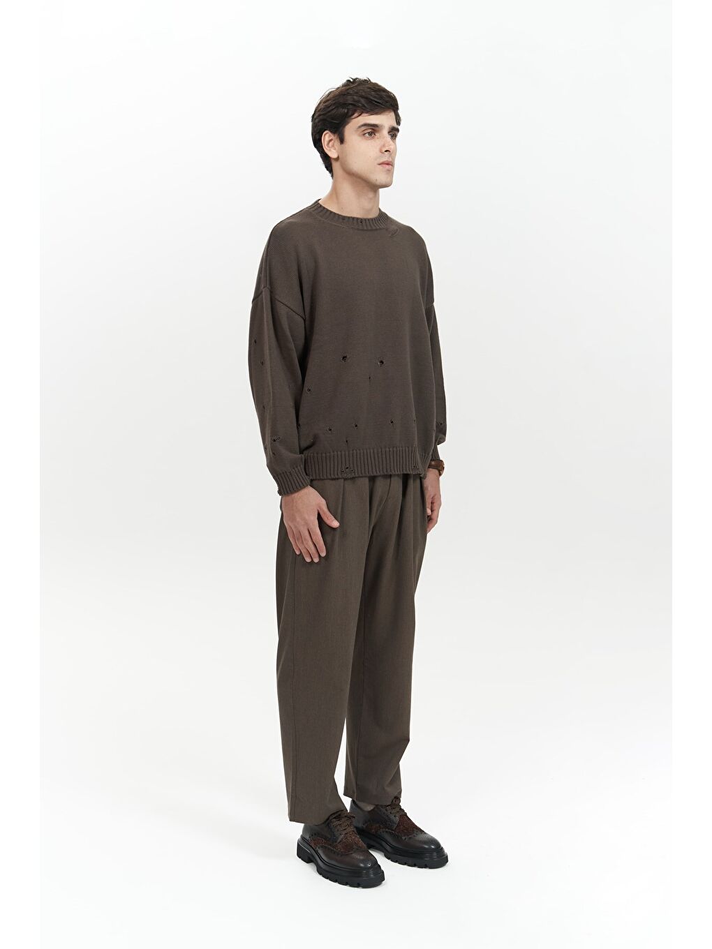 Kahverengi Alec Fitilli Yırtık Detay Kahve Erkek Triko Kazak-2