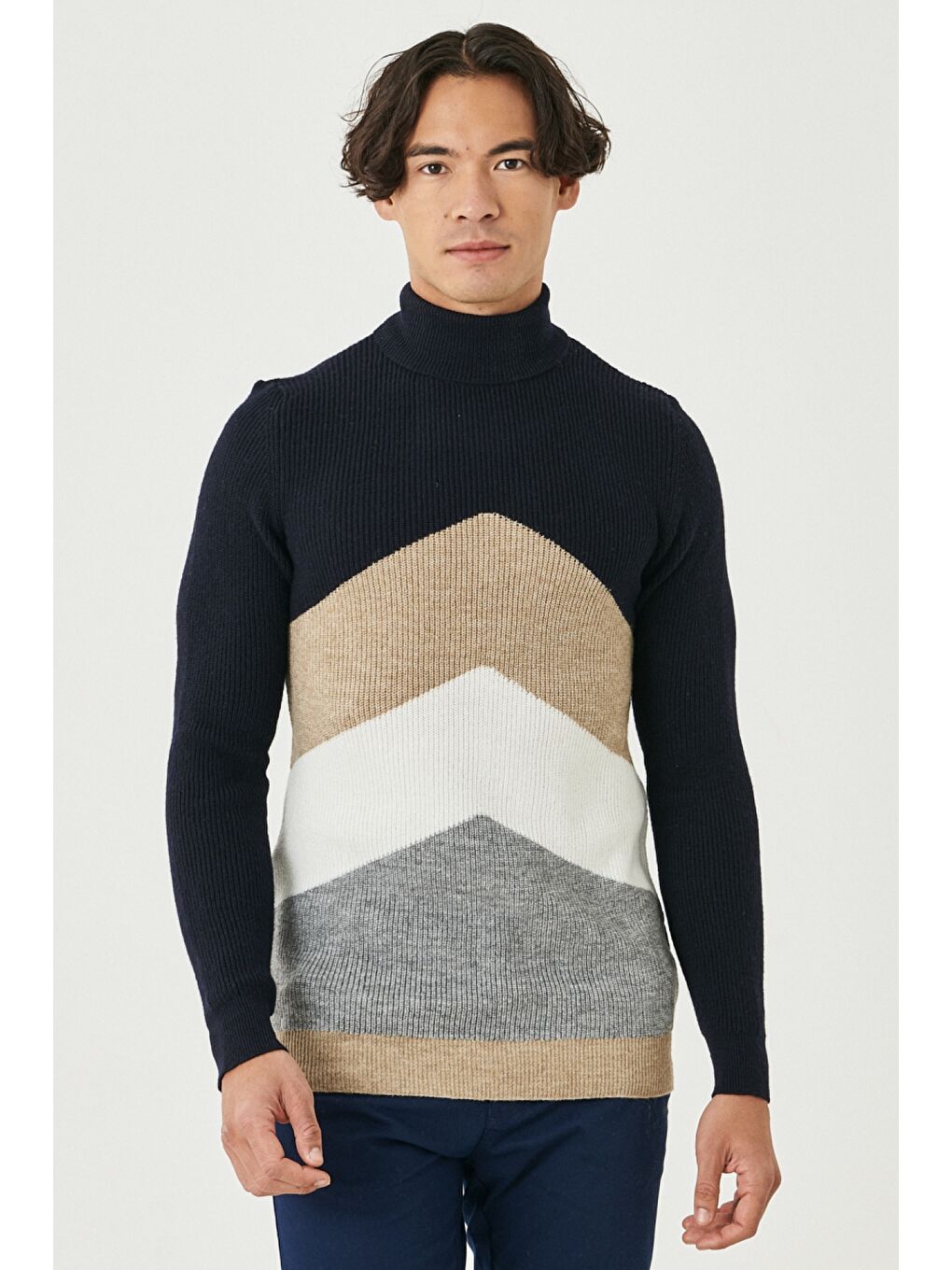 Erkek Lacivert-Vizon Standart Fit Tam Balıkçı Yaka Triko Kazak