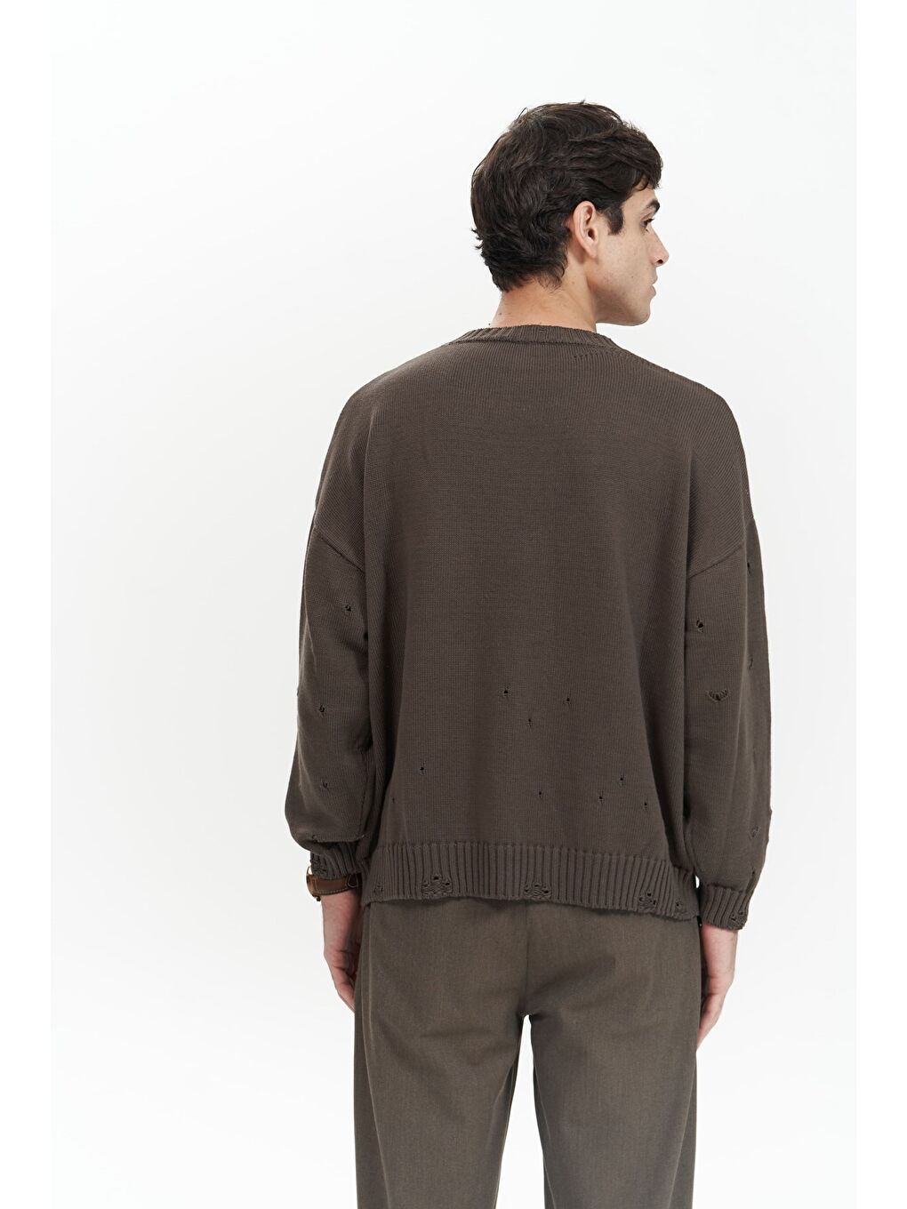 Kahverengi Alec Fitilli Yırtık Detay Kahve Erkek Triko Kazak-3