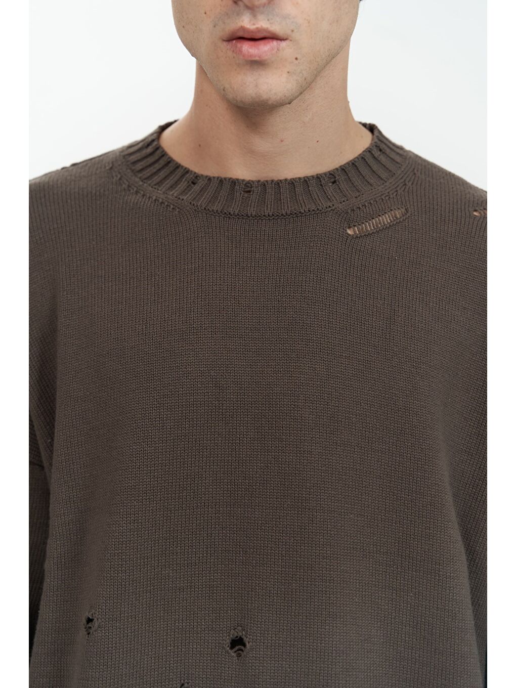 Kahverengi Alec Fitilli Yırtık Detay Kahve Erkek Triko Kazak-4