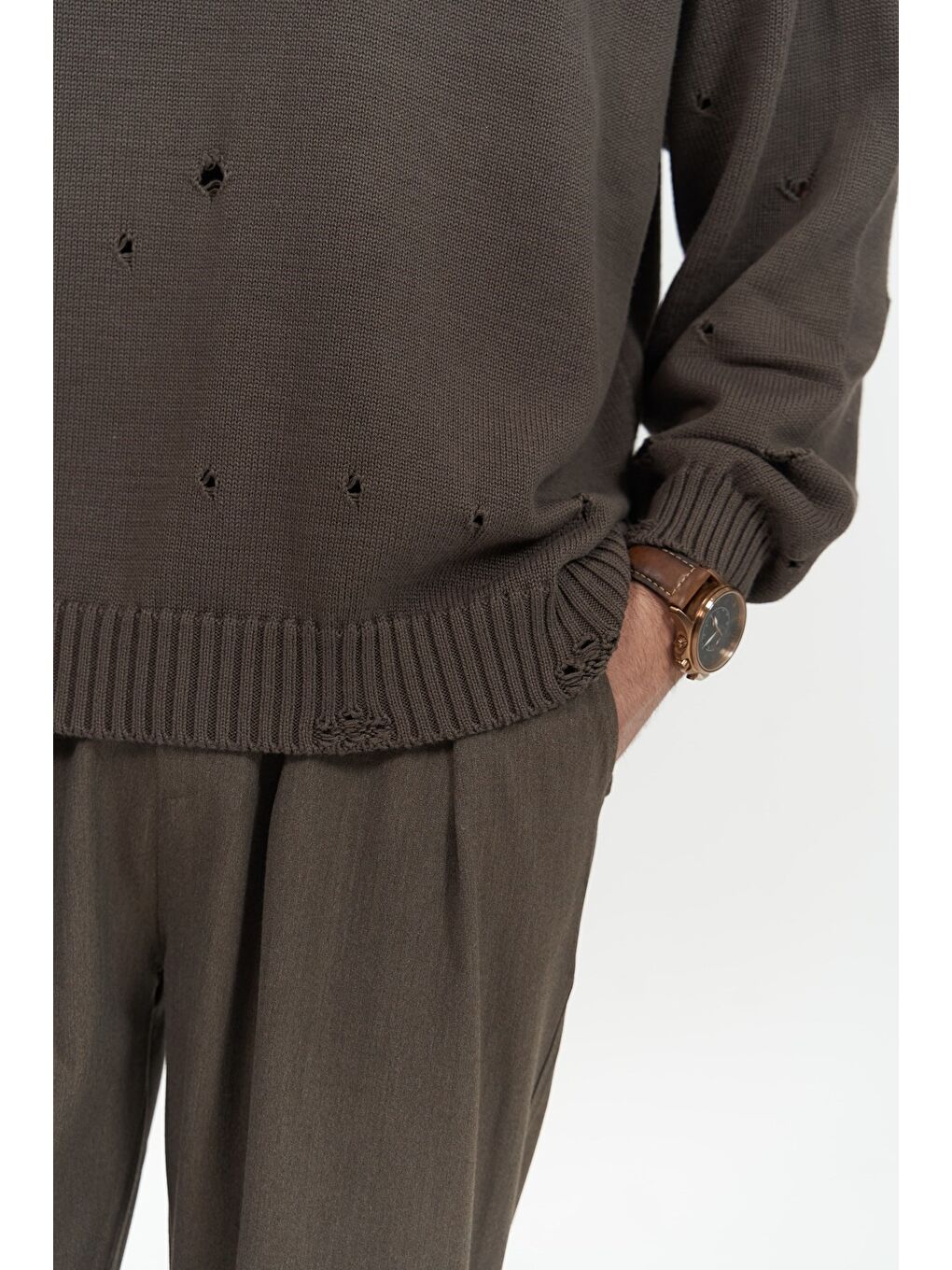 Kahverengi Alec Fitilli Yırtık Detay Kahve Erkek Triko Kazak-5