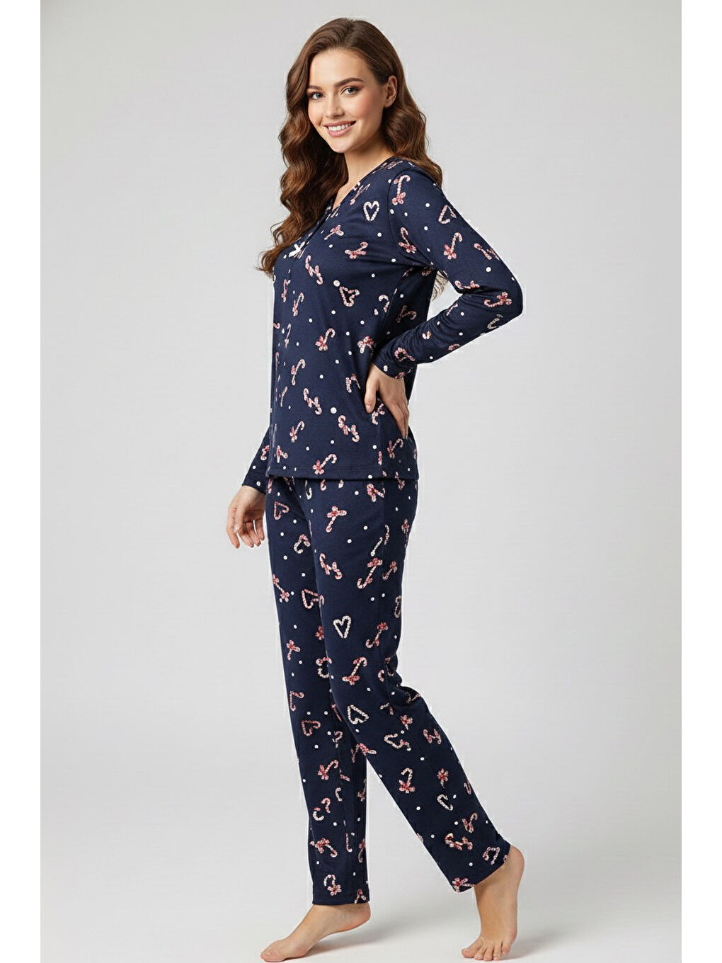 Desenli Süet Pijama Takımı Lacivert - 28053-LACIVERT-1